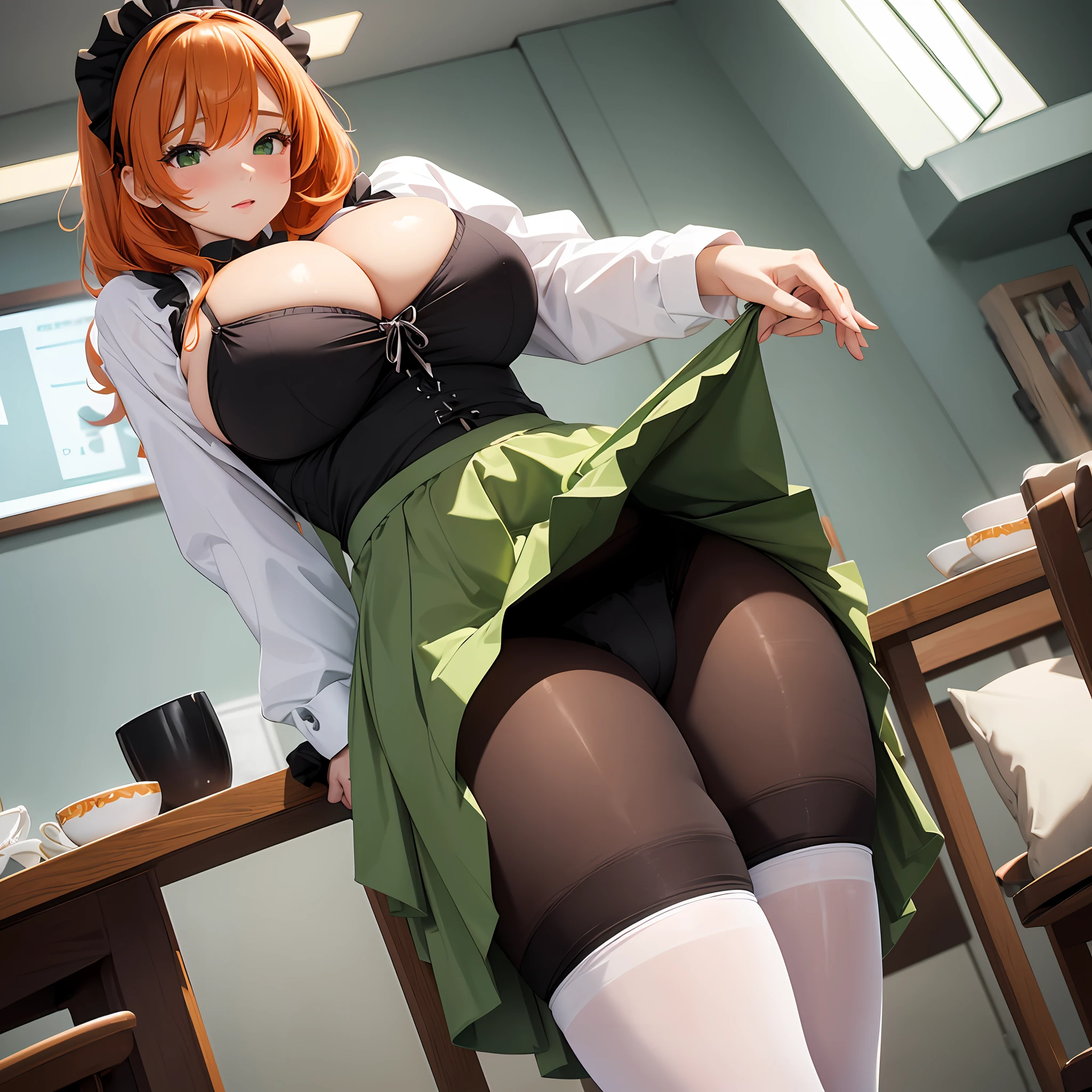 /draw ai_generated curvy_body curvy_female curvy_figure The average cup size female_only huge_breasts looking_at_viewer +maid solo_female solo_focus stable_diffusion waitress orange_hair green_eyes lifts the skirt showing black panties legs in pantyhose --auto