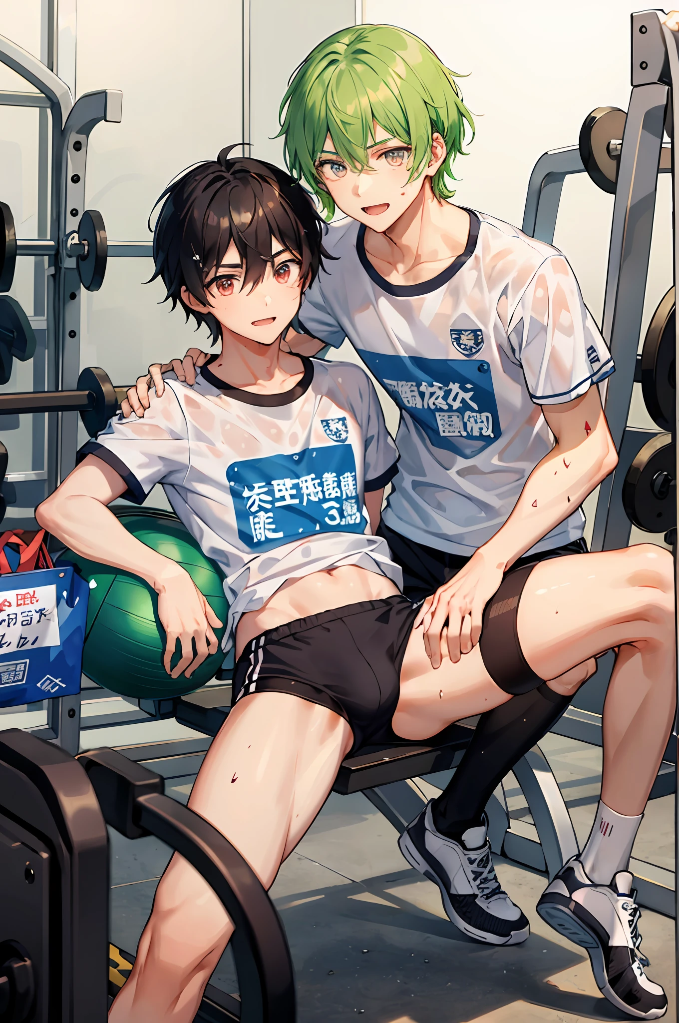 ((tmasterpiece)),(((best qualtiy))),(high high quality,breath-taking),(Expressive eyes,s the perfect face), 1boys, 独奏, male people, Curta, 年轻, younge boy, Short green hair, red eyes, ssmile, Be red in the face, Ass focus, spread their legs, gym storeroom, bloomer, Wet T-shirt red eyes,Pubic hair shows through