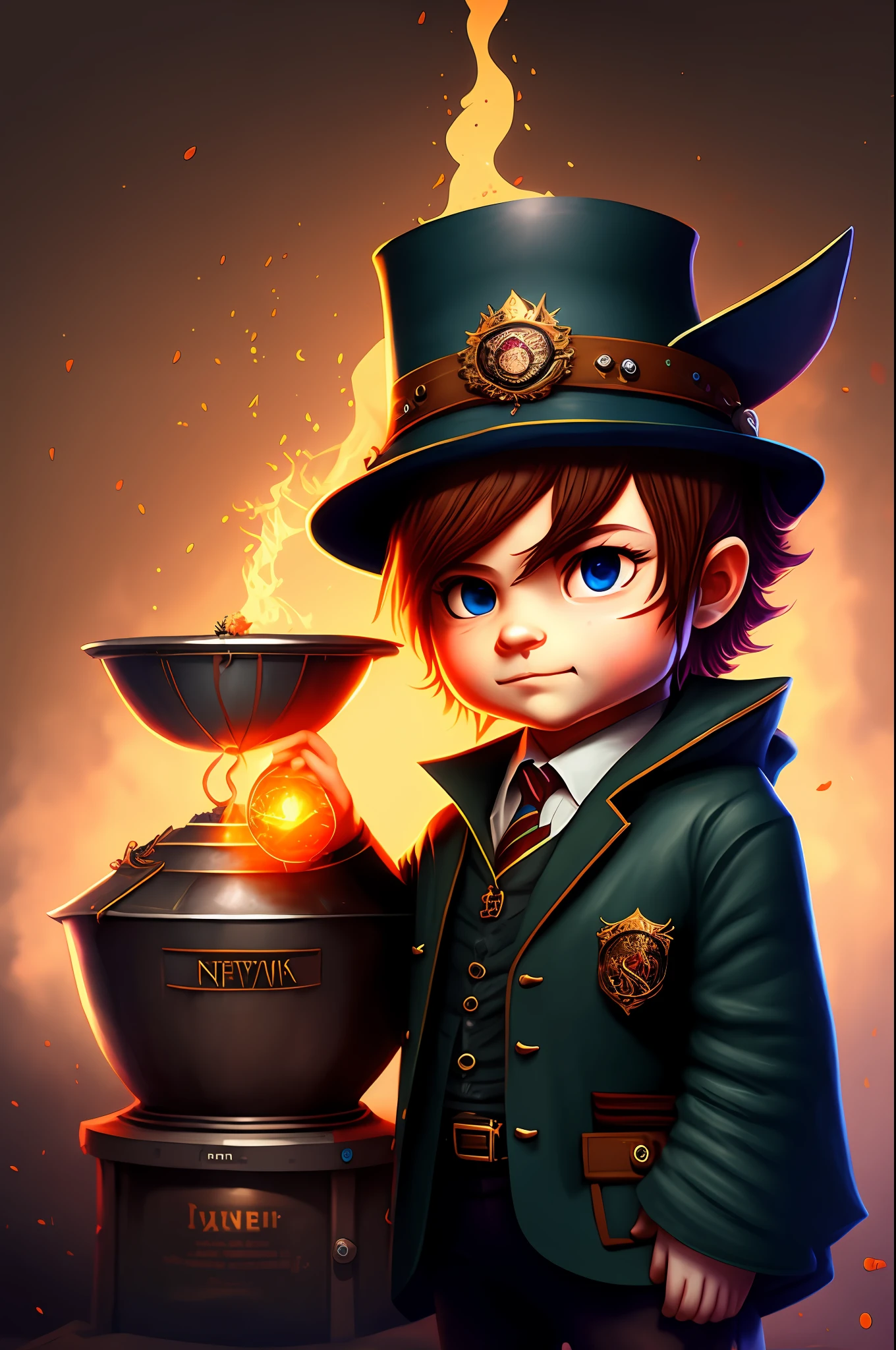 (dreamlikeart: 1.2), splash art portrait painting (chibi izac newton: 1.3), cinenatic lighting, colorido altamente detalhado de hogwarts de fundo, albert einstein fazendo magia, shaking the cauldron