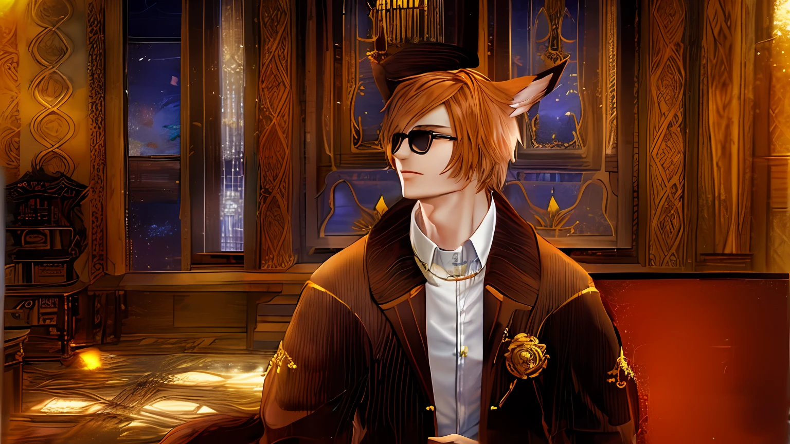 In the room is a man with a cat's ear and glasses, Boy with cat ears and tail, Tabaxi male, Man with cat ears, Стиль Final Fantasy 14, delicate androgynous prince, Man with cat ears, based on Ren Renfa, Скриншот Final Fantasy 1 4, attractive androgynous humanoid, The guy with fox ears