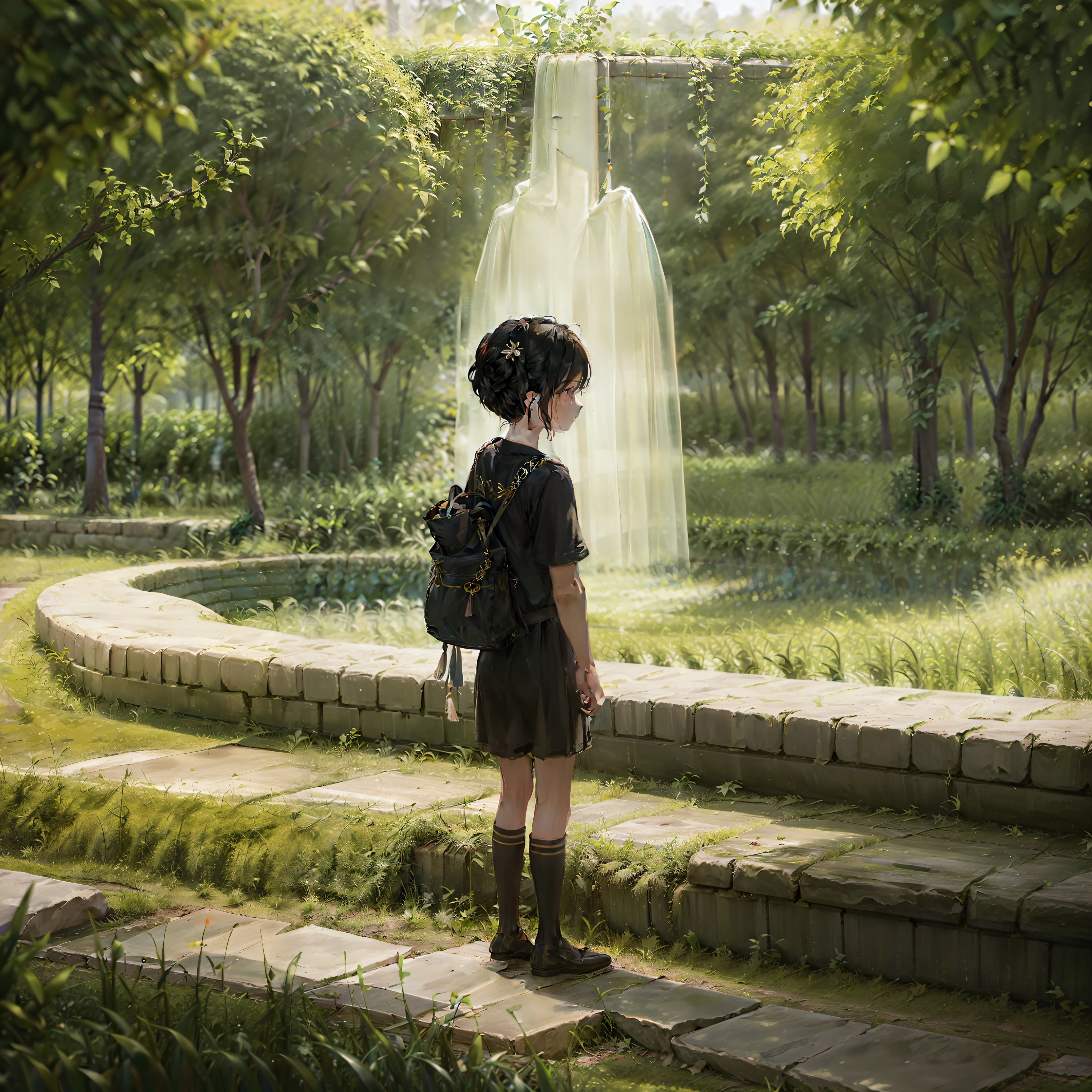 boy, Back Shadow, The fountain, grassy fields, Black hair, freshen, school ground, Romanticism, Contemporary art, cinematic lighting, ray tracing, bloom, stereogram, framed, outside border, atmospheric perspective, 8k, high details, high details, best quality, 8k