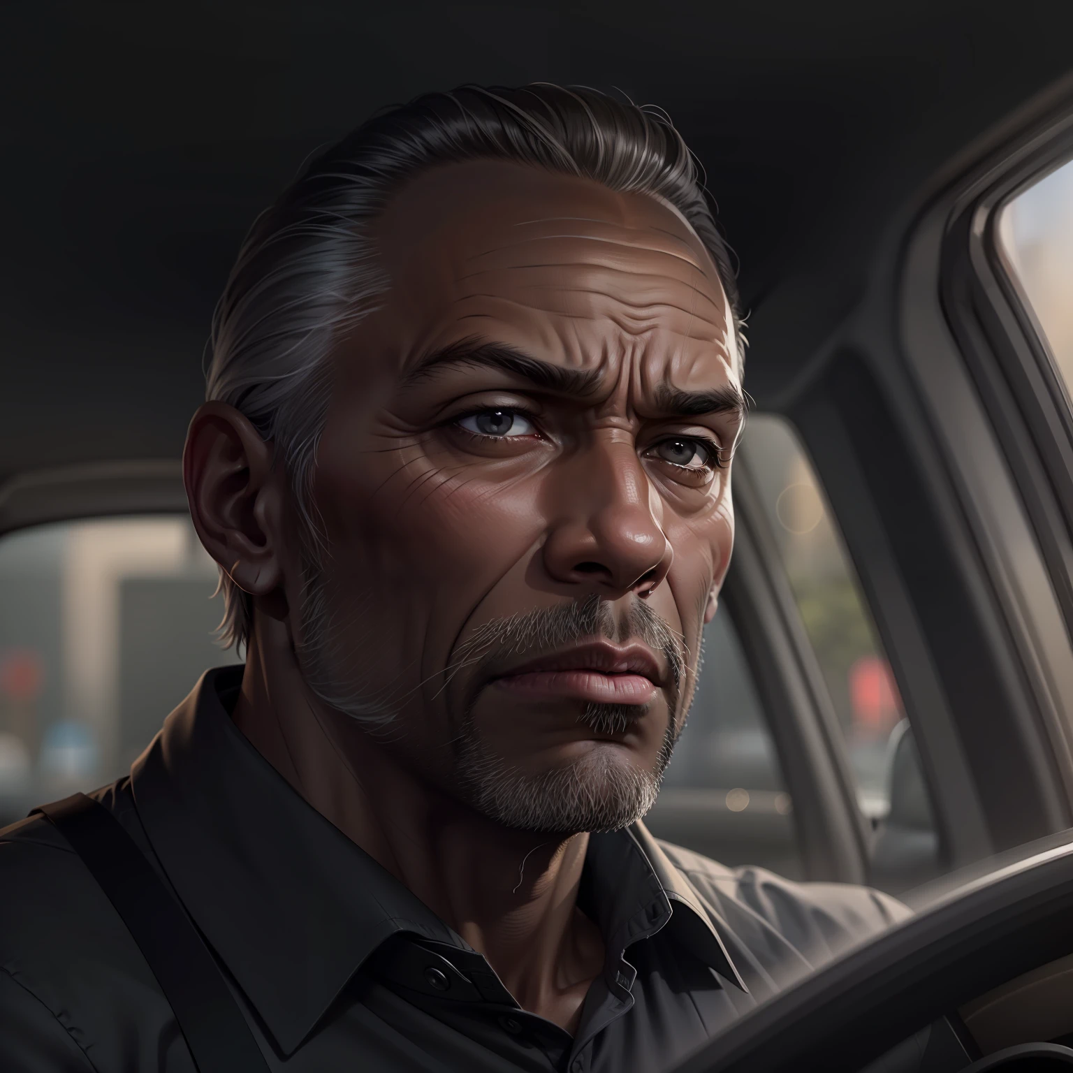 average male, 40s, receding hairline and graying, dark skin tone, irritated expression, dressed in black blouse, driving