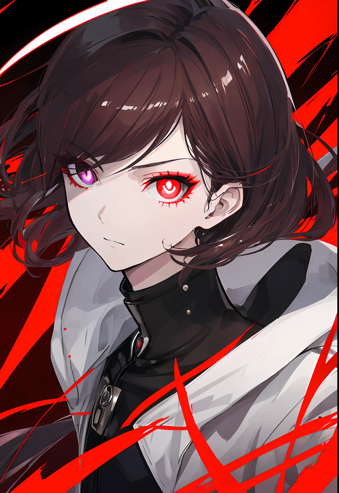 Anime, Girl staring at camera with round red eyes, with red glowing eyes,with glowing red eyes, Red glowing eyes,Glowing red eyes, red eyes glowing, Badass anime 8 K, style of anime4 K, Anime moe art style, with glowing eyes, Red-eyed, red - eyed, Epic anime style, Persona 5 Art Style WLOP1boy, (Close-up of face, tmasterpiece, best qualtiy:1.2), 8K, offcial art,(smokey red eye shadow with glitter,), (very dark background:1.4), hdr, Face light, A high resolution, photography of, filmgrain, color difference, Sharp focus, hdr, Face light source,contrast,Blurred hair details, 动态照明, cinmatic lighting, Professional shadows, dark shadow,realskin,exquisitefacialfeatures,Detailed face and eyes,Sharp pupils,realistic pupil,(brunette color hair:1.4)