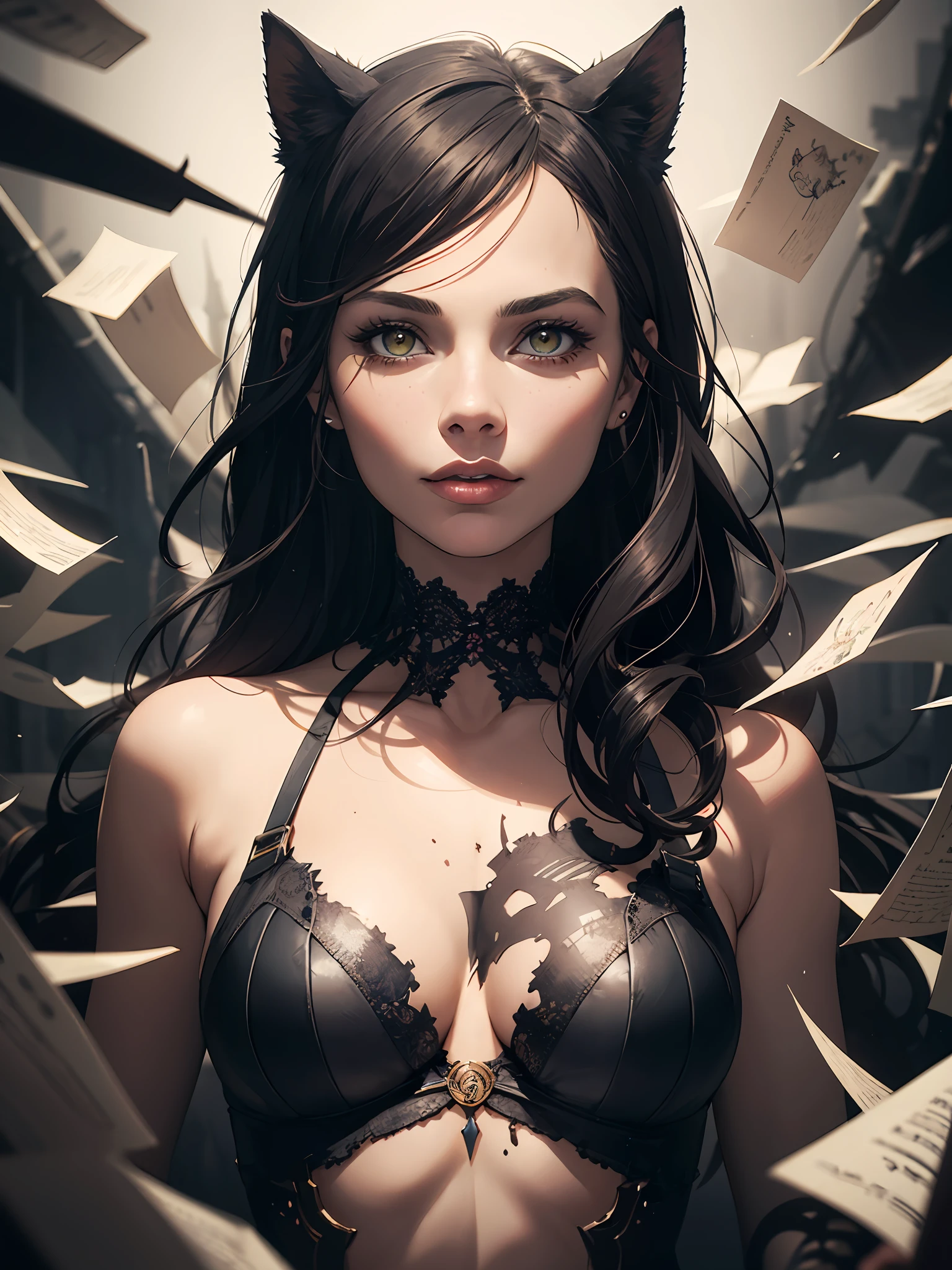 Face of (Margot Robbie:gal Gadot), ultra-detailed artistic abstract beautiful succubus, hypnotic eyes, sweat skin, magic with bioluminescent filigree, geometric photography, 32k fashion abstract poster, hair made of 3D paper quilling design, abstract paper quilling, detailed symmetrical yellow eyes with cat iris, broken paper fragments , natural body posture by artist russ mills, art by alberto seveso, by Carne Griffiths, by Wadim Kashin, symmetrical, abstract art style, complex and intricate watercolor painting, sharp eyes, digital painting, burst of color, concept art , volumetric lighting, by GIlSam-paio octane rendering depicting innovation and truth, 8k, by Lee Jeffries, Alessio Albi, Adrian Kuipers, glamour, intricate detailed environment, lace, smudges , dark watercolor background, masterpiece, ornate, depth - studio Gs perfecty. Dark atmosphere.