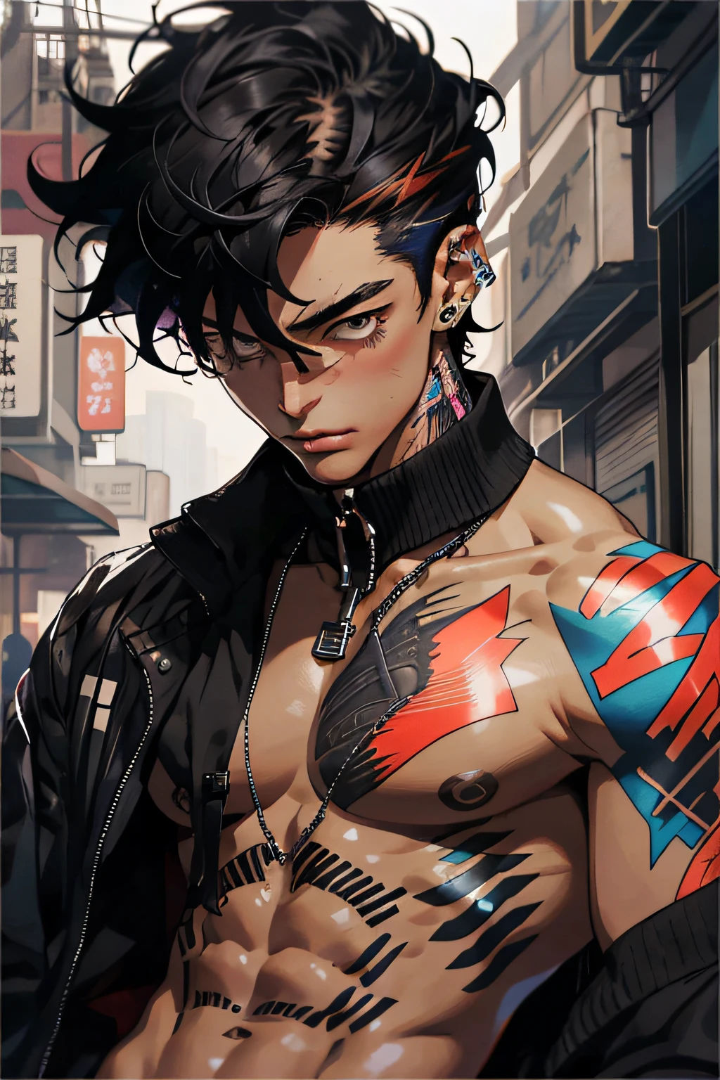realisticlying,(tmasterpiece,top Quority,best qualtiy,offcial art),The is very detailed,Colorful,Most detailed,Kamimei,short detailed hair,black color hair,Handsome man,cyber punk perssonage,choker necklace,,chest muscle,Abs,,Tattooed with
