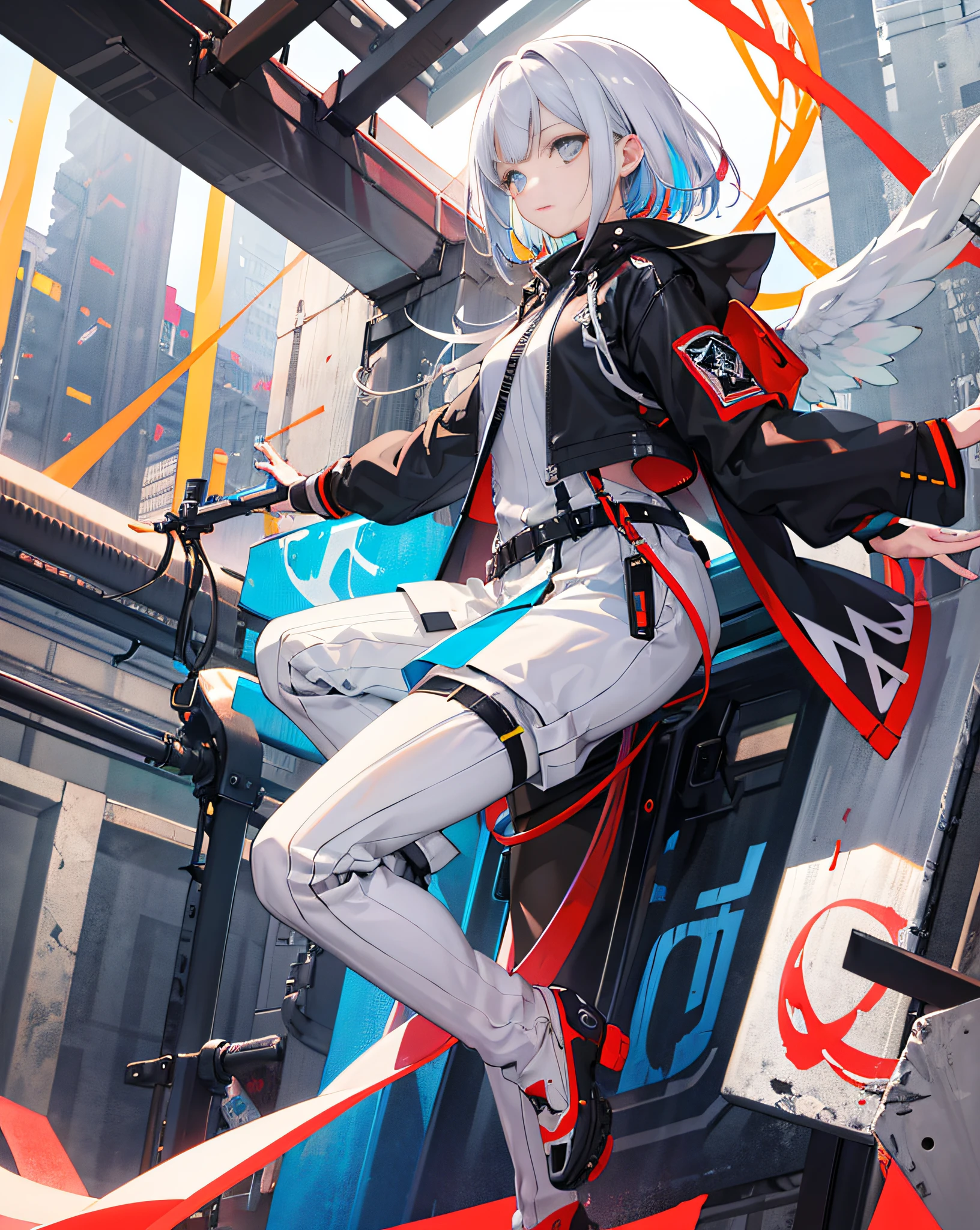 Background with, Hybrid language_text, Japanese letters in graffit, male people, Long and short white hair, Outstanding lighting, Sideslit, Perfect ultimate (flatcolors: 1.3), (magazine_cover: 1.4), (multicolored_background: 1.3), striped_background, card_background, :: disk,There is a sharp and shiny blade in the hand :: Round white metal sheets glued to ultra-thin arms,Shines with a sparkling light, The shirt is printed with a black star in the middle, Perfect and detailed,Super detailed shirt,Japanese letter print with abstract design and graffiti on both sides of the dress,Image of a girl,Top of a futuristic motorcycle,with immersive effects,hover effect,Tribal tattoo in background graffiti style with flowers and bright colors,"Ultra HDR" detail and focus effects, (tmasterpiece:1.2,best qualtiy),(Beautiful eyes with huge eyelashes with fine details:1.2),,((独奏)),(Fine eyes and detailed face:1.3),In a variety of full-body attack poses,(Lovely Backgrounds:1.2),futuristic outfit,Super detailed round metal grab arms and trousers,fantastic paintings,Angel wings on the back