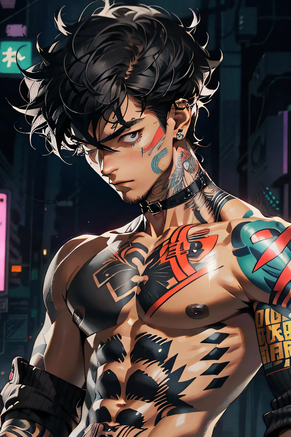 realisticlying，（tmasterpiece，top Quority，best qualtiy，offcial art），The is very detailed，Colorful，Most detailed，Kamimei，short detailed hair，black color hair，Handsome man，cyber punk perssonage，choker necklace，，chest muscle，Abs，，Tattooed with