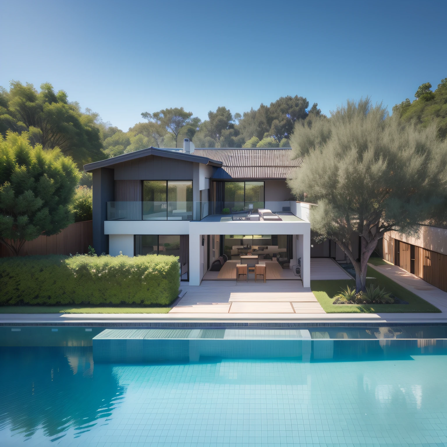 Organic modern architecture in an organized plot, Terreno bastante grande, terreno paisagem, pradaria com arvores , There is a swimming pool in the middle of a large one-story house, cor da casa em vigas marrom chocolate e preto, large modern residence, telhados planos e jardim, render luxcore, renderizar oktane, a photorealistic rendering, architectural render, mantra rendering, architectural render, realism rendering, architectural visualisation, piscina de bem-estar, architectural visualisation, Large green areas, com pequenas zonas de flores de lavanda, arbustos verdes tipo exuberante jardim verde, as well as small water mirrors, swimming pool embedded in an area of sand, oliveiras e pinheiros ao redor da casa, 8k ultra-realista, muito detalhe