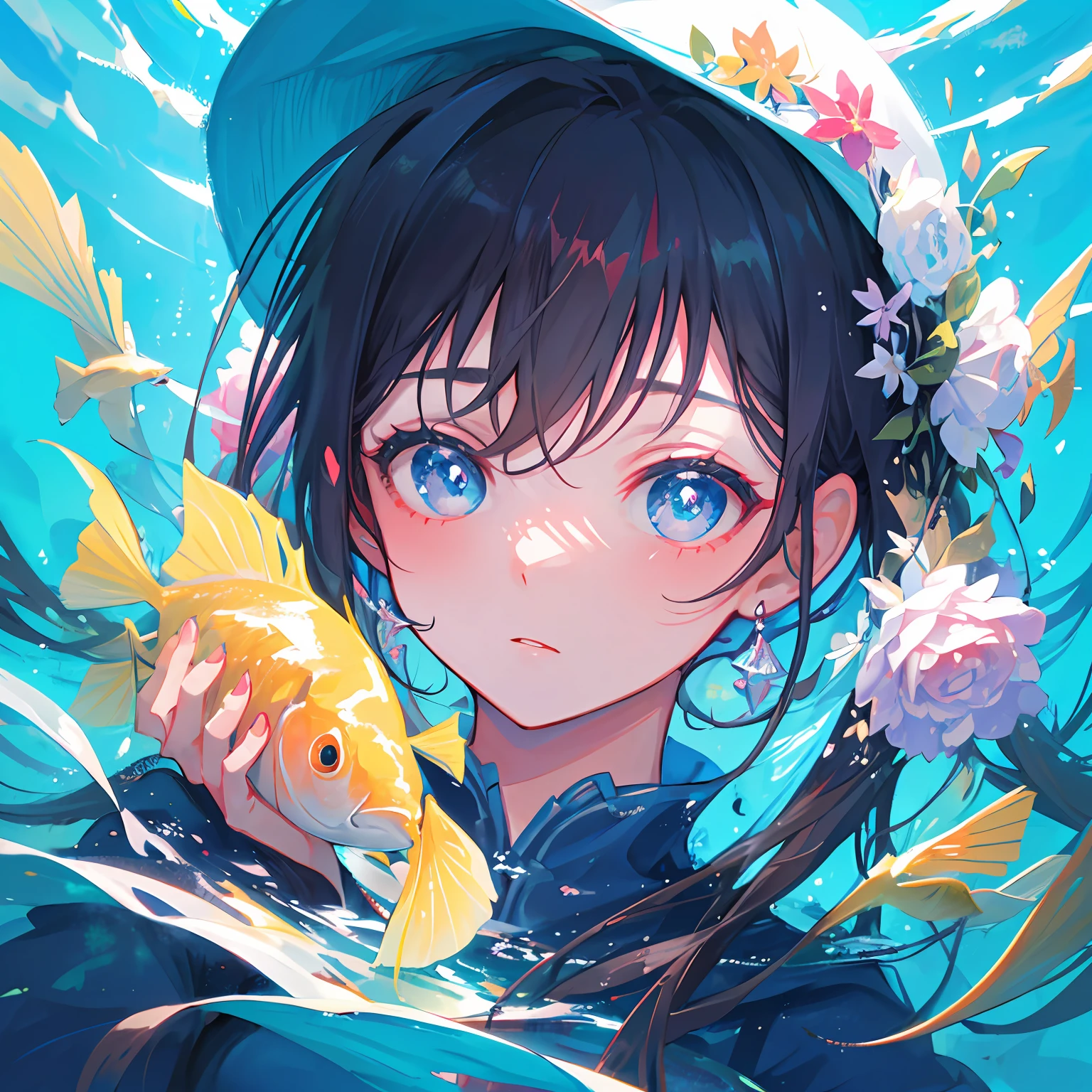 underwater photography，Girl head portrait，Fish is a bird in water, painted into a picture, fantasy, Aesthetic, Girly art, Painting