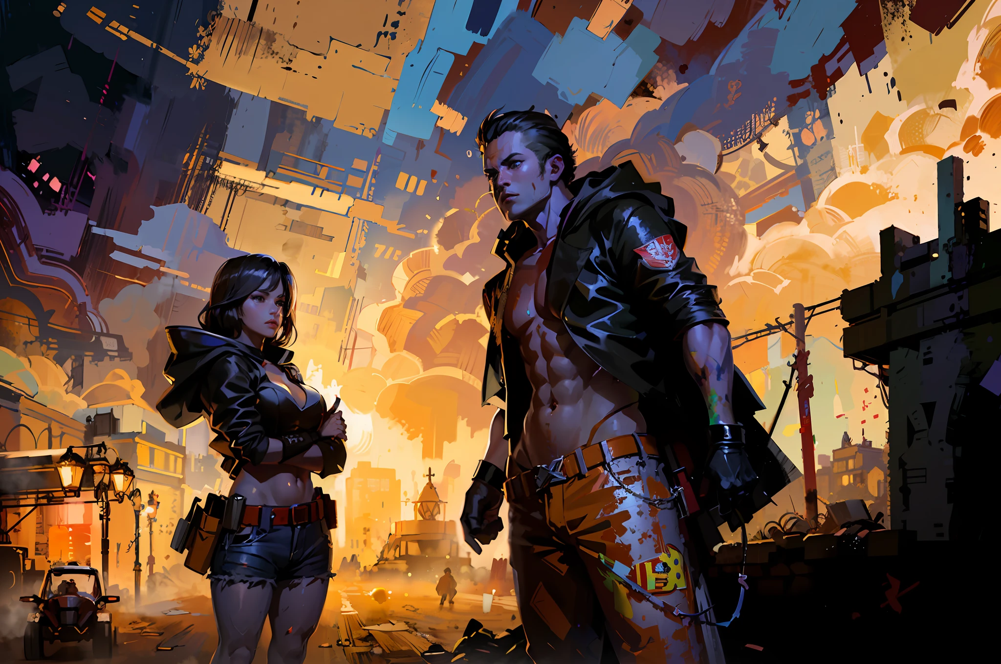 (Against the backdrop of rocks and wasteland) , Torn theme, ((Raider's clothes with a hood)),(((The face of a famous actress) )) , , ((Painted with paints)), ((Splashes and smears)), (The Official Art of Paints)), (female chest) , (Successful pose), ( Successful composition), (((Correct anatomy)))