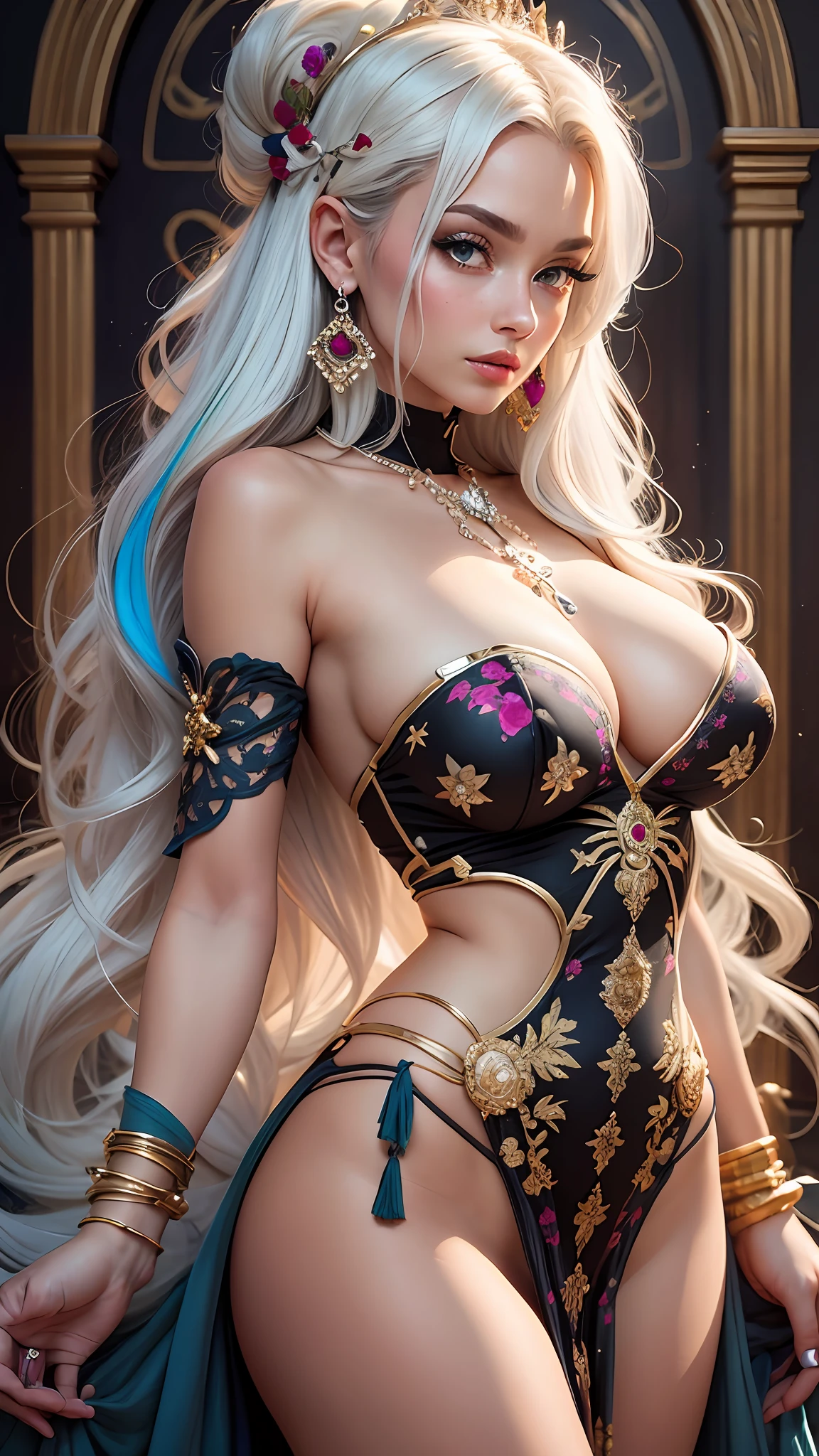 (((multicolored hair, [white hair])))), ultra realistic 8k CG, perfect face, flawless, clean, masterpiece, professional artwork, famous art, cinematic lighting, cinematic flower, perfect face, beautiful face, beautiful eyes, (((perfect female body, narrow waist))), beautiful queen, royal, divine, goddess, (royal palace), fantasy, dreamlike, unreal, science fiction, (huge breasts), beautiful clothes, lace, lace trim, lace legwear,  nsfw, breasts out, absurdly long hair, very long hair, (rich: 1.4), prestige, luxury, jewelry, diamond, gold, pearl, gem, sapphire, ruby, emerald, intricate detail, delicate pattern, sexy, charming, seductive, seductive, erotic, charming, hair ornament, necklace, earrings, bracelet, armband, looking at the viewer,