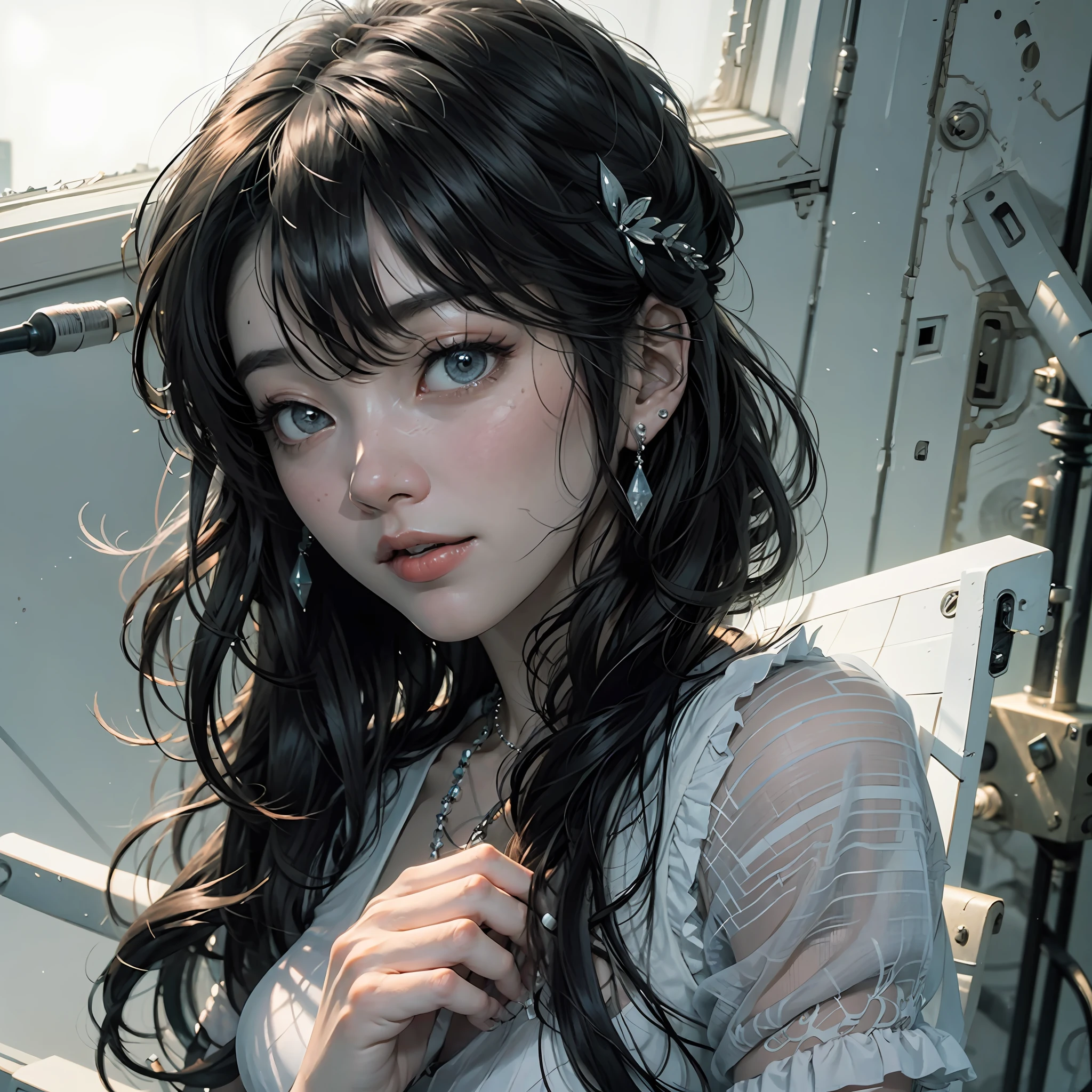 {Profile picture}, {An extremely delicate and beautiful girl}, CG 8K wallpaper, Masterpiece, Cold expression, Beautiful, Medium breasts dinner body, view the viewer, Fashion dress, Cute t-shirt, Rainbow hair, With gray eyes, Beautiful detailed eyes {{Black crosshairpin}}, Pure and pure,hair glowing,Dramatic angle,Diamond crown,Earrings, --auto