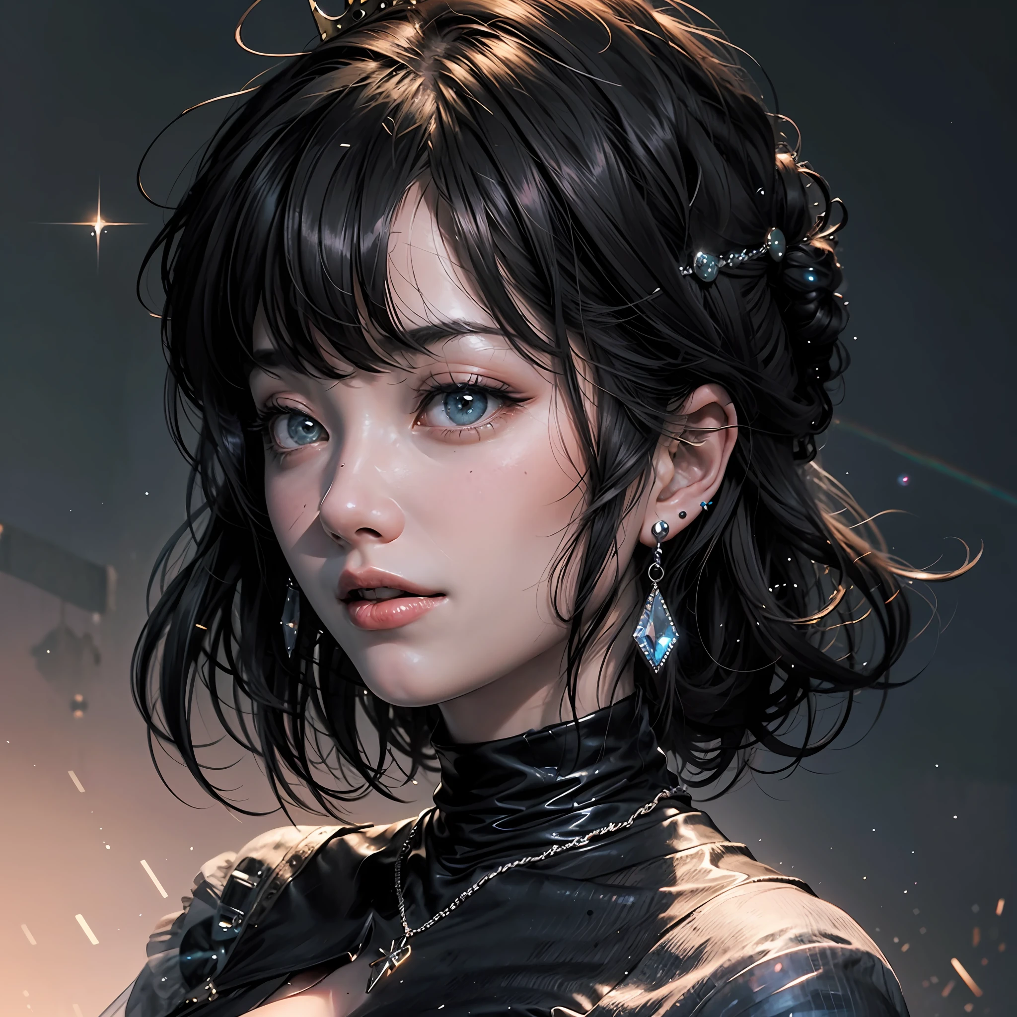 {Profile picture}, {An extremely delicate and beautiful girl}, CG 8K wallpaper, Masterpiece, Cold expression, Beautiful, Medium breasts dinner body, view the viewer, Fashion dress, Cute t-shirt, Rainbow hair, With gray eyes, Beautiful detailed eyes {{Black crosshairpin}}, Pure and pure,hair glowing,Dramatic angle,Diamond crown,Earrings, --auto