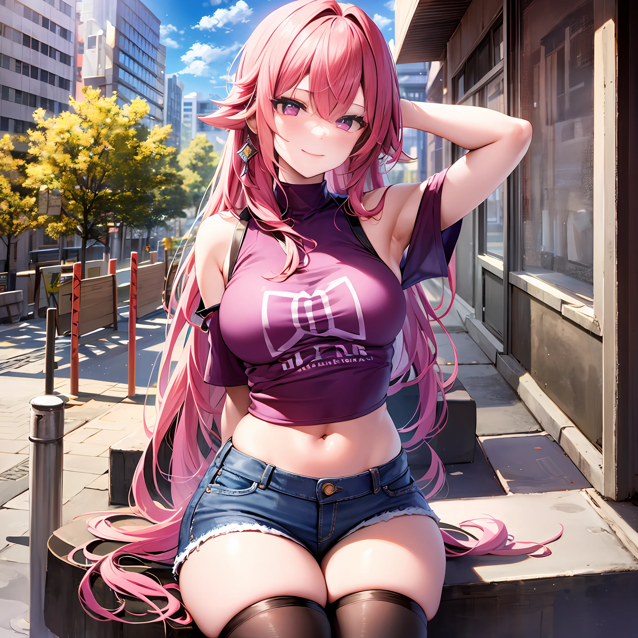 masterpiece, best quality, ultra-detailed), yaemiko \(genshin impact\), (pink hair), swept bangs, braid, braided bangs, purple eyes, pink eyes,
(wearing a t-shirt:1.2), sitting on a chair outside of caf, embracing the natural beauty, sunlight, beautiful cloudy sky, city, street, denim shorts, black stocking,
medium breasts, thick thighs, critical angle, cowboy shot, arm behind head, arm behind back, armpits, light smile, crop top, strong and seductive expressions
