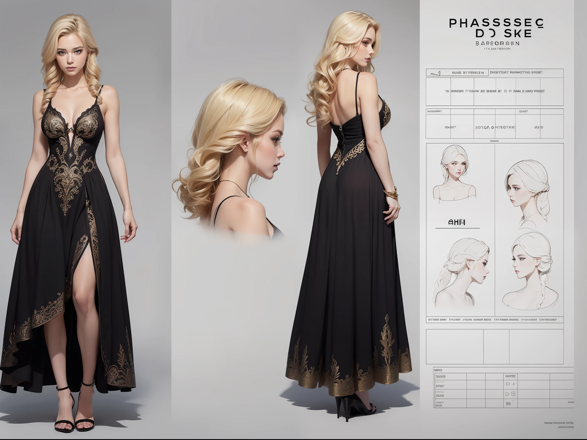 (masterpiece), ultra-detailed, 3 views, front view, side view , back view, different hairs design, ((A character sheet:1.4)) or reference sketch of a Goddess, Aphrodite goddess, with a colorful dress, she has long wavy hair and blonde hair, ultra-realistic and sharp detail and intricate, intricate details, and style, simple background illustration