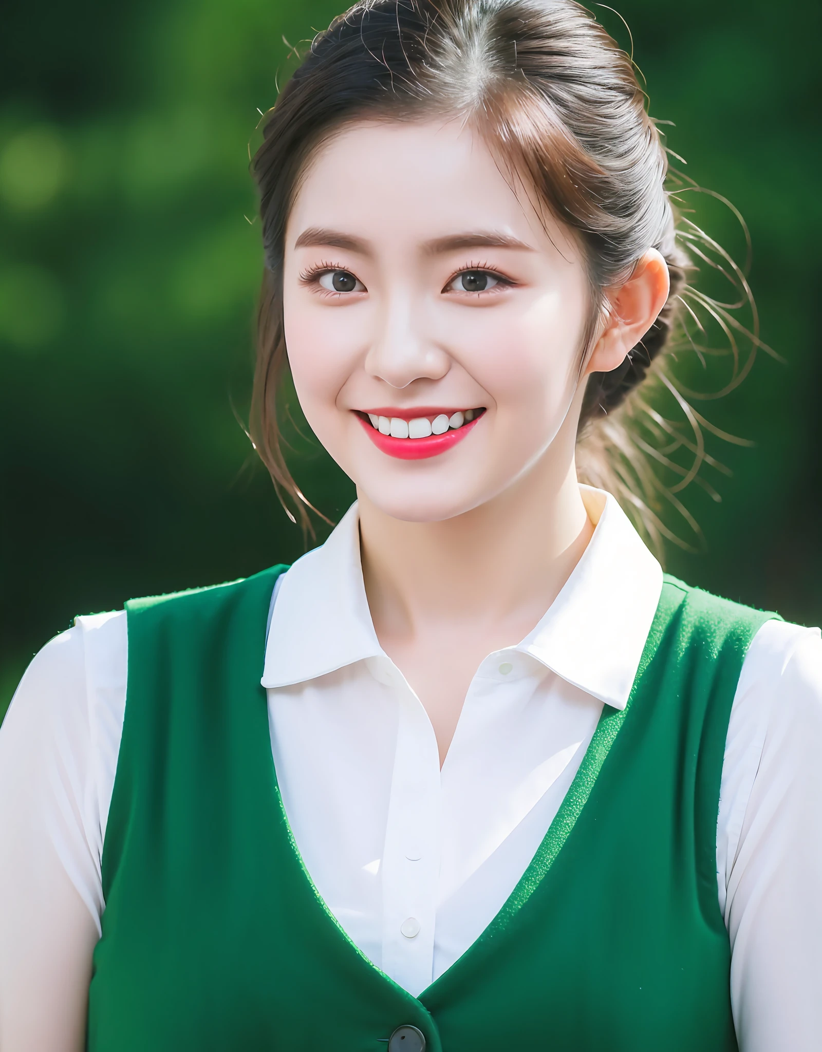 Smiling flight attendant avatar，Red lipstick and updo hairstyle，Wear a white shirt and green vest uniform, surrealism, High detail, Cinematic lighting, first person perspective, f/1.8, 35mm, hyper HD, Masterpiece, Anatomically correct, Textured skin, Super detail, High quality