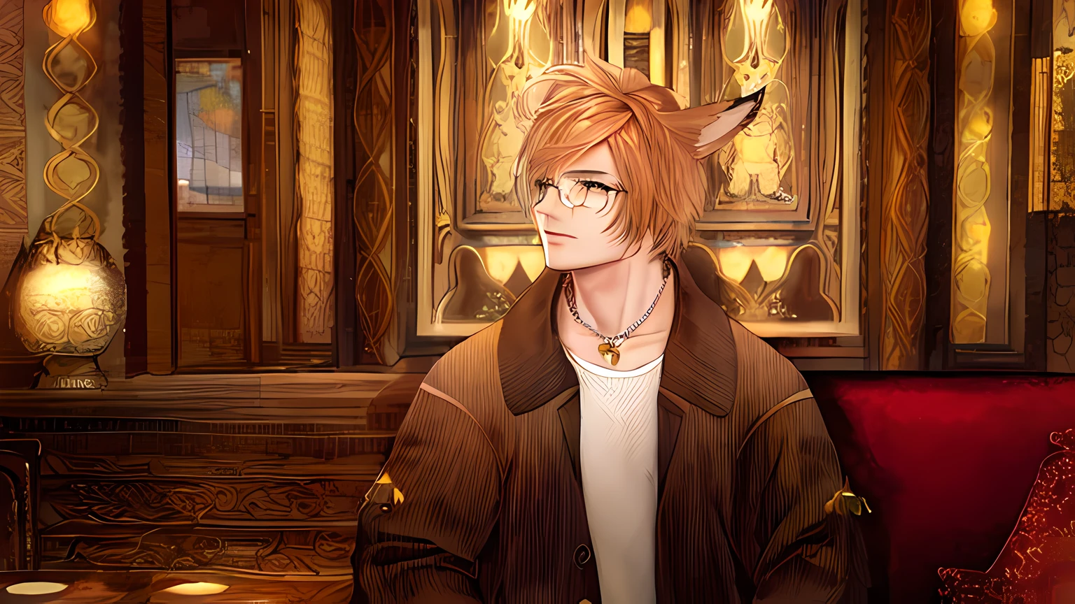 In the room is a man with a cat's ear and glasses, Boy with cat ears and tail, Tabaxi male, Man with cat ears, Стиль Final Fantasy 14, delicate androgynous prince, Man with cat ears, based on Ren Renfa, Скриншот Final Fantasy 1 4, attractive androgynous humanoid, The guy with fox ears