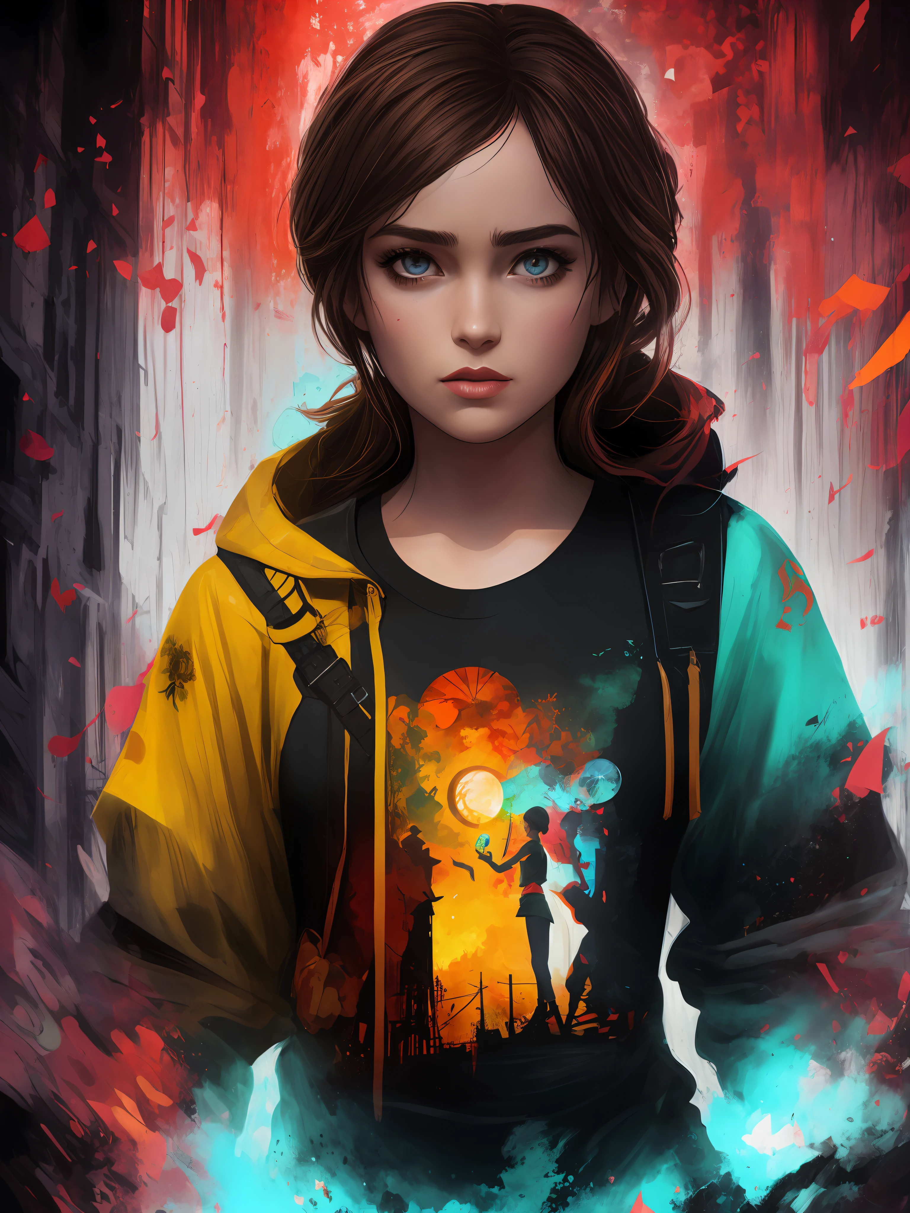 design de camiseta, 2d illustration, Arte centralizada, fundo preto, olhos azuis, Zumbis, rosto de EllieThe Last Of Us Game, Gothic colors, climate of tension and terror, Adobe Illustration, trending on ArtStation, 8k, disco Rigido, obra-prima, magnificent art, detalhes intrincados, -