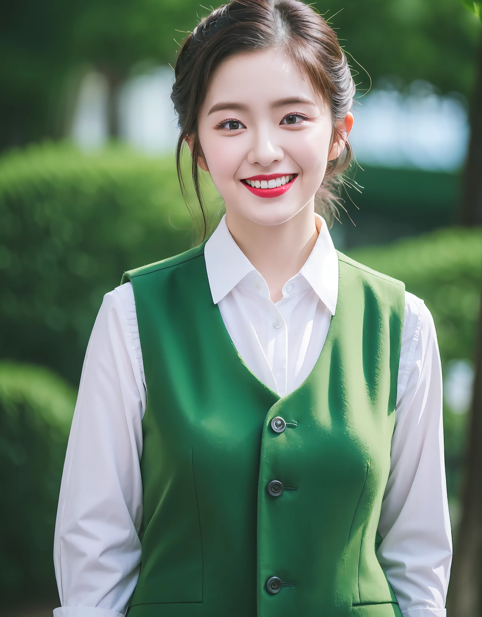 Smiling flight attendant avatar,Red lipstick and updo hairstyle,Wear a white shirt and green vest uniform, surrealism, High detail, Cinematic lighting, first person perspective, f/1.8, 35mm, hyper HD, Masterpiece, Anatomically correct, Textured skin, Super detail, High quality