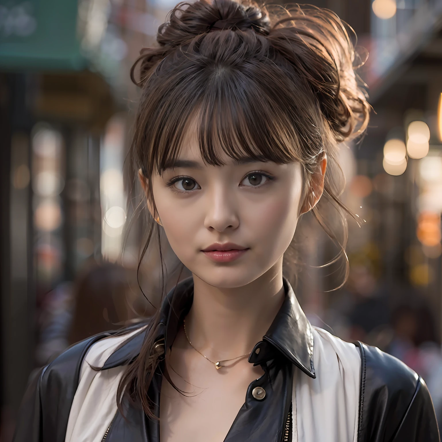 (masterpiece:1.3), (8K, Photorealsitic, Raw photography, top-quality: 1.4), (1girl in), A pretty woman with perfect figure:1.4, cute face, beautiful countenance, (Lifelike face), Beautiful hairstyle, realisticeyes, beautiful detail, (real looking skin), Beautiful skins, enticing, The ultra -The high-definition, A hyper-realistic, ighly detailed, (small tits:1.3), (cleavage of the breast:0.8)、White button-up shirt、a belt、Black leather tight skirt、Like Emily O'Hara Ratajkowski Japan, Semi-long curly hair、bangss、(Brown hair、small tits1.3)、(Modern architecture in background)、(slim figure))、Kojiri、(narrow areola、small areolas)、(perfectly shaped )、(small and beatiful model pose、is standing