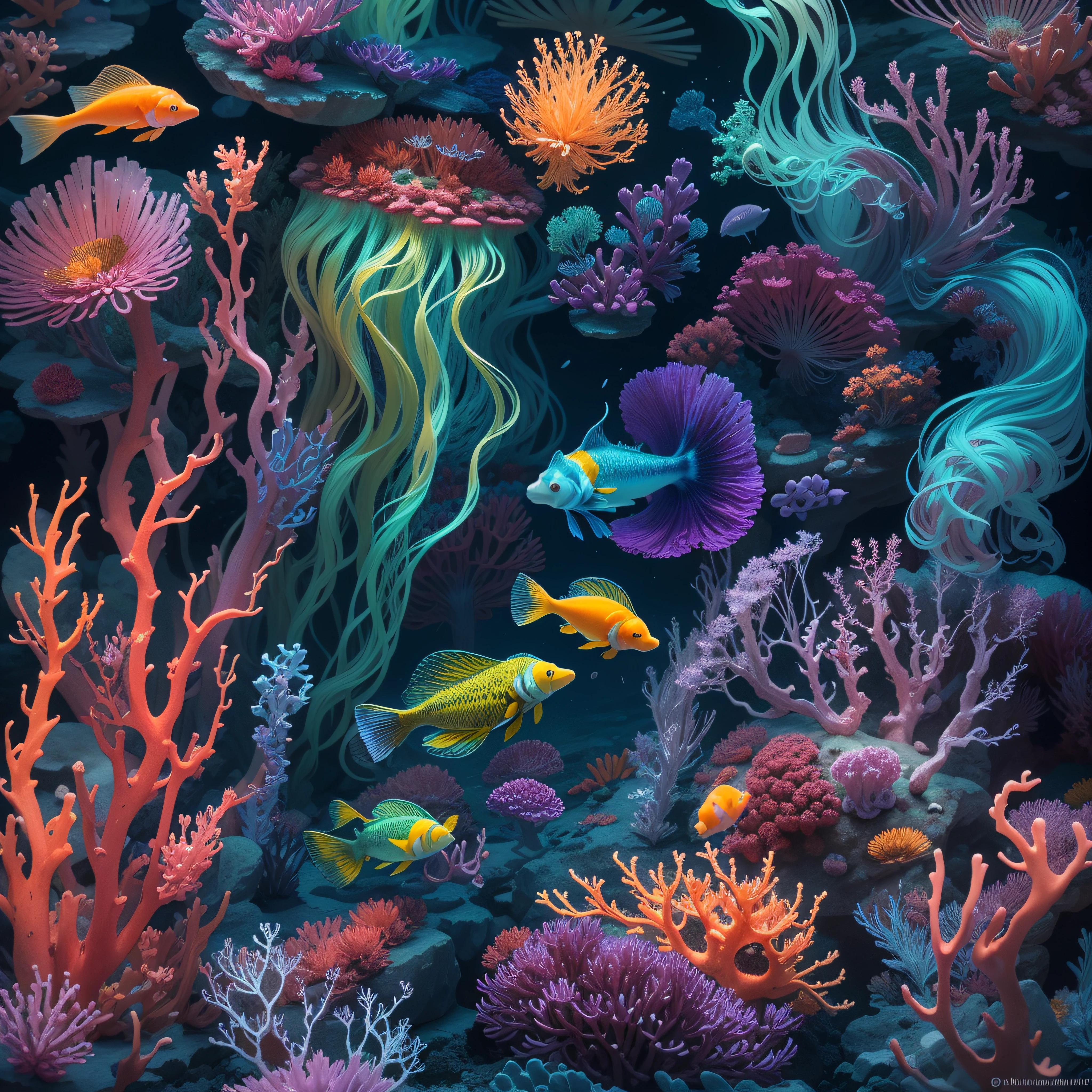 deep colors, Deep beneath the ocean's surface, a mesmerizing coral reef thrives in vibrant colors and shapes. Bioluminescent creatures dance among the coral, creating a breathtaking display of iridescent light. Delicate seahorses with flowing, translucent fins glide gracefully through the water, while schools of tropical fish paint the scene with their vibrant hues., 3d, droste effect photography, surreal photography, bioluminescence