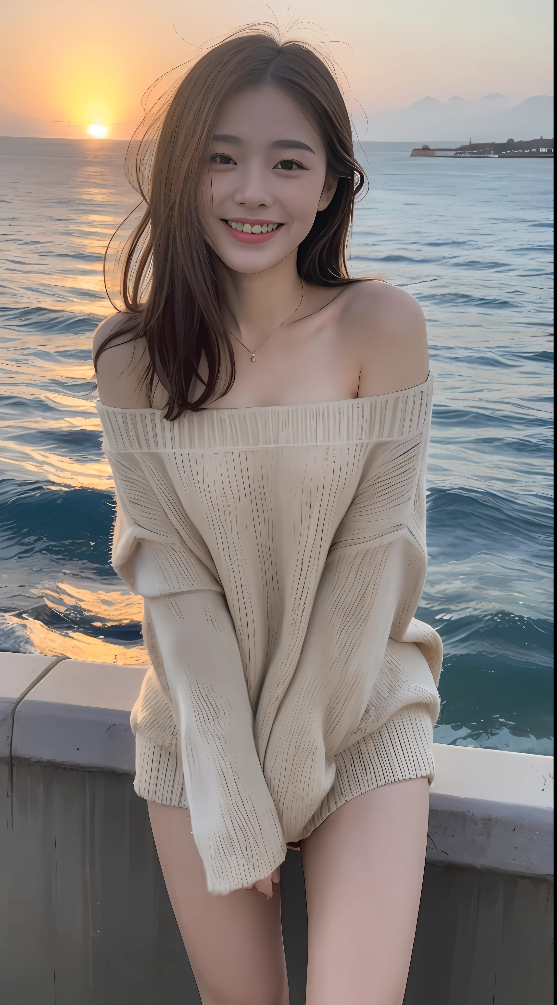 ((top-quality,8K,tmasterpiece:1.3)),Beautiful Women with Perfect Figure:1.4,Essential,hindquarters:1.2,((Layered Hair Style,nedium breasts:1.2)),(off-the-shoulder clothes:1.1),(the sunset,the ocean:1.3)Long legs,The protagonist,Smooth skin,Exposed legs,full bodyesbian,Giggling girl,Centered on the human body