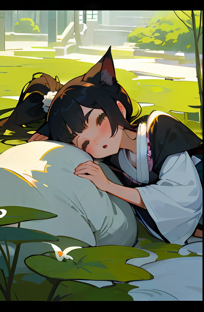 Original Characters、Volume Lighting、Best Shadows、Shallow depth of field、Portrait of an amazingly beautiful girl、((Cat's ears))、(Petite girl)、Delicate beautiful attractive face with delicate and neat brown eyes、Gentle eyebrows、A slight smil、Open your mouth slightly、Japanese clothing made of silk、Ponytail Black Hair、Blush Eyeshadow、Open belly button、Slim waist、Garden with lily flowers、Japanese garden、outside of house、(top-quality、Superb Detail:1.25)、(独奏:1.3)、Brilliant Colorful Paintings、Sleep on your back、the kiss