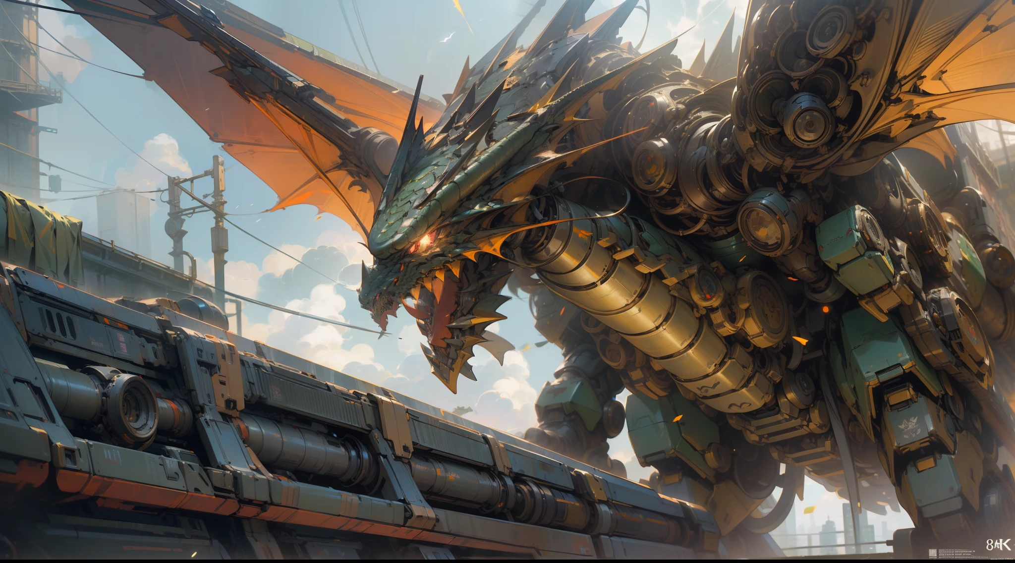 (((Masterpiece))),(((Best quality))),(((Amazing detail))),((illustration)),((8K)),Tyndall effect,Light, Mechanical wings,(((Mecha Dragon))),(((Mecha Dragon))),Gears of War,metal scales,Realistic,Cyberpunk,Red eyes,Eyes glow,Cinematic lighting