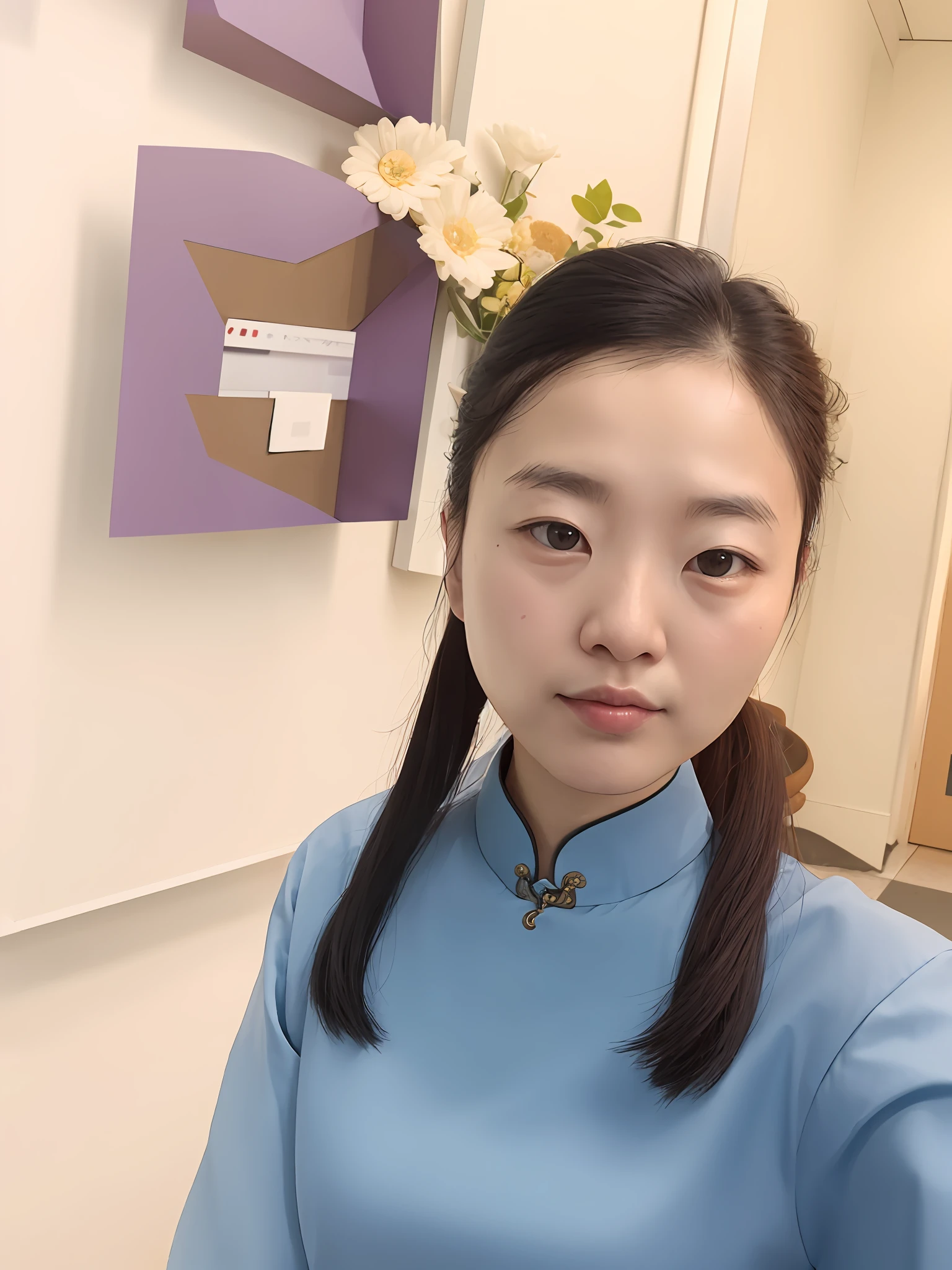 there is a woman that is taking a selfie in a room, inspired by Mei Qing, xintong chen, Yun Ling, in a blue qipao, wenfei ye, 8k selfie photograph, Li Zixin, professional make-up, wearing a blue qipao dress, 2 7 years old, 2 8 years old, 1 8 I, Chinese girl