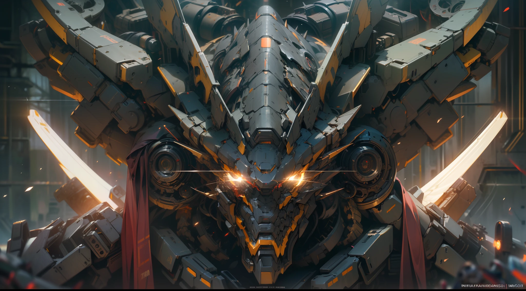 (((Masterpiece))),(((Best quality))),(((Amazing detail))),((illustration)),((8K)),Tyndall effect,Light, Mechanical wings,(((Mecha Dragon))),(((Mecha Dragon))),Gears of War,metal scales,Realistic,Cyberpunk,Red eyes,Eyes glow,Cinematic lighting