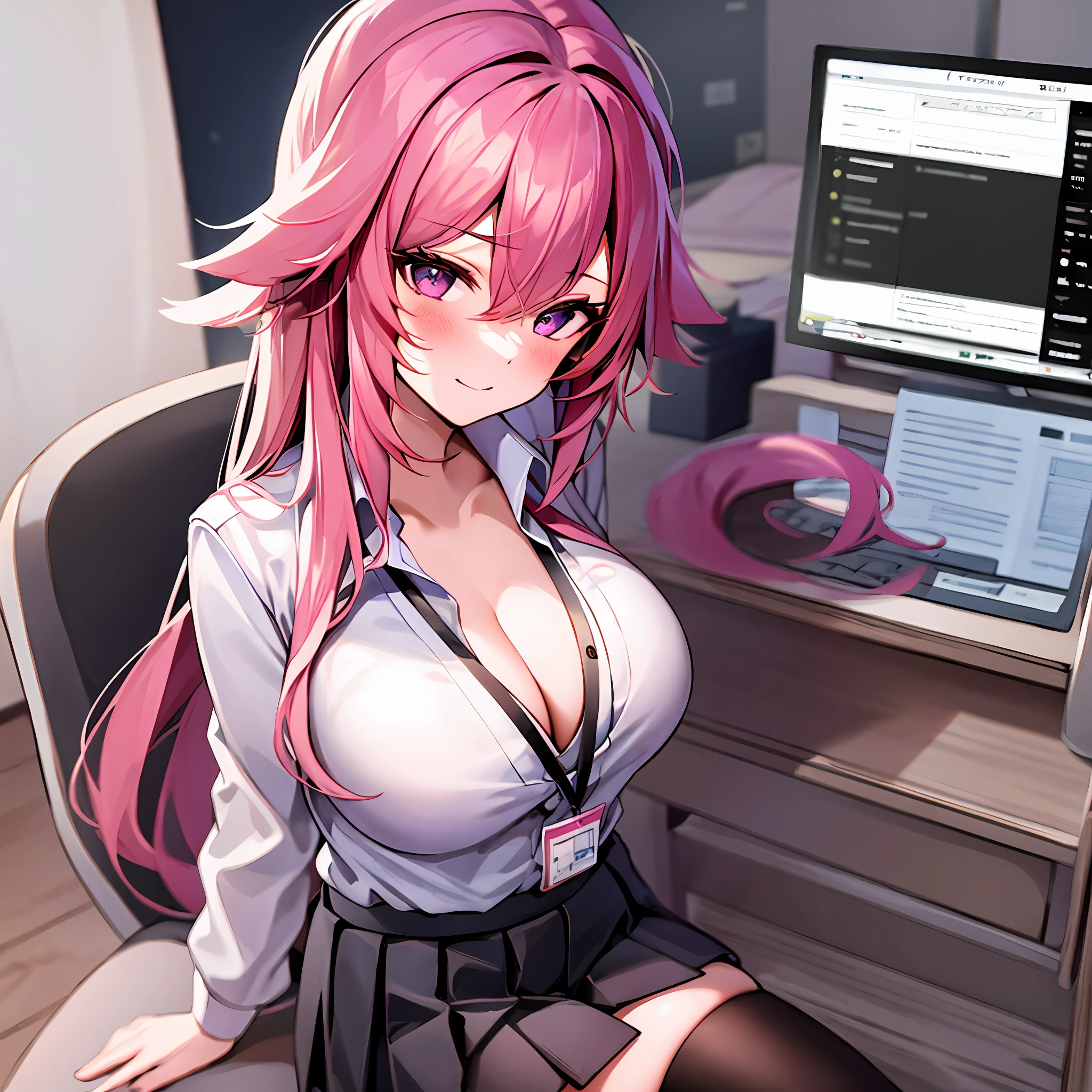 YAEMIKO 1girl, solo, ((white shirt)), black thighhighs, breasts, cleavage, uniform, office background, black skirt, pleated skirt, office,large breasts, looking at viewer, PINK HAIR, solo, thighhighs, thighs, very long hair, ((masterpiece)), sitting, chair, desk, computer on desk, name tag, id tag, indoor, blush, sexy pose,