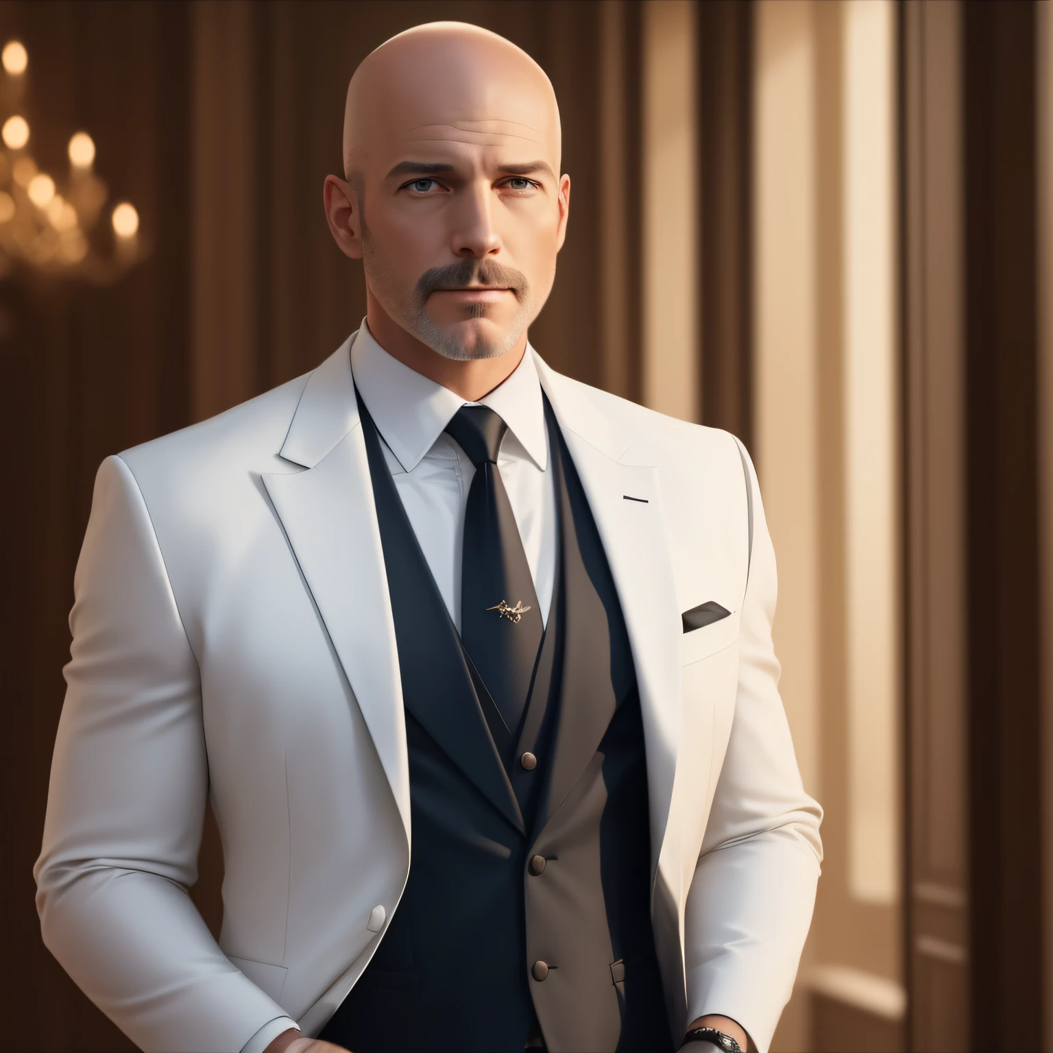 (a bald white man in a jacket and tie) | (homem elegante maduro terno formal), Cinematic 8K