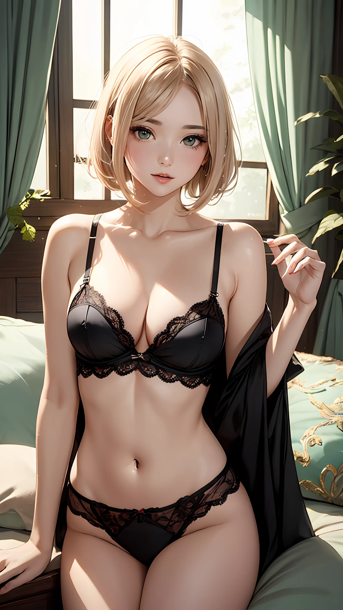A seductive illustration of a young woman in her 20s, Wearing skimpy mint green lingerie, teasingly beckoning towards the viewer with a sultry gaze. Her outfit is、with exquisite details(Embroidered on a mint base:1.3)Built-in lingerie, accentuating her curves、Leaves little to the imagination. Her hair is styled in loose waves with a layer bob, cascading down her shoulders, adding to her alluring aura. Her expression is confident and mischievous, with a hint of playfulness in her eyes. The composition of the illustration focuses on her sensual pose, with strategic placement of objects like a silk robe and a plush cushion, adding to the provocative atmosphere. In the background、There is software, Dimly lit bedroom, Warm lighting, creating a sense of intimacy. The weather outside is rainy, with droplets sliding down the windowpane, adding to the cozy and sensual ambiance. The illustration exudes an irresistible allure, capturing the viewer's attention with its seductive charm、bob cuts