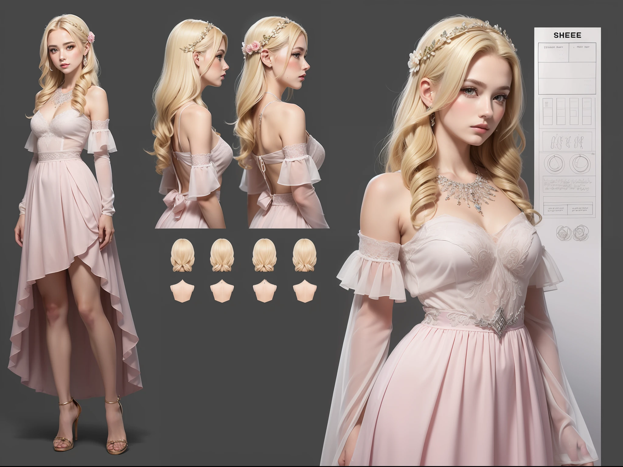 (masterpiece), ultra-detailed, 3 views, front view, side view , back view, different hairs design, ((A character sheet:1.4)) or reference sketch of a Goddess, Aphrodite goddess, with a colorful dress, she has long wavy hair and blonde hair, ultra-realistic and sharp detail and intricate, intricate details, and style, simple background illustration