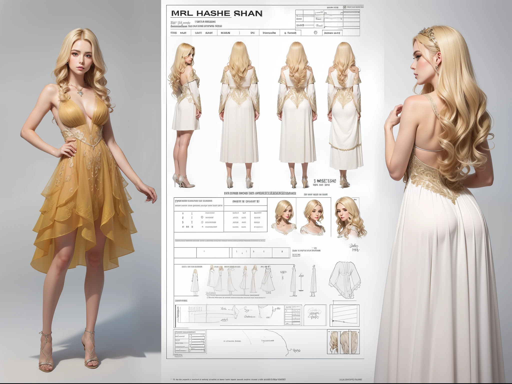 (masterpiece), ultra-detailed, 3 views, front view, side view , back view, different hairs design, ((A character sheet:1.4)) or reference sketch of a Goddess, Aphrodite goddess, with a colorful dress, she has long wavy hair and blonde hair, ultra-realistic and sharp detail and intricate, intricate details, and style, simple background illustration