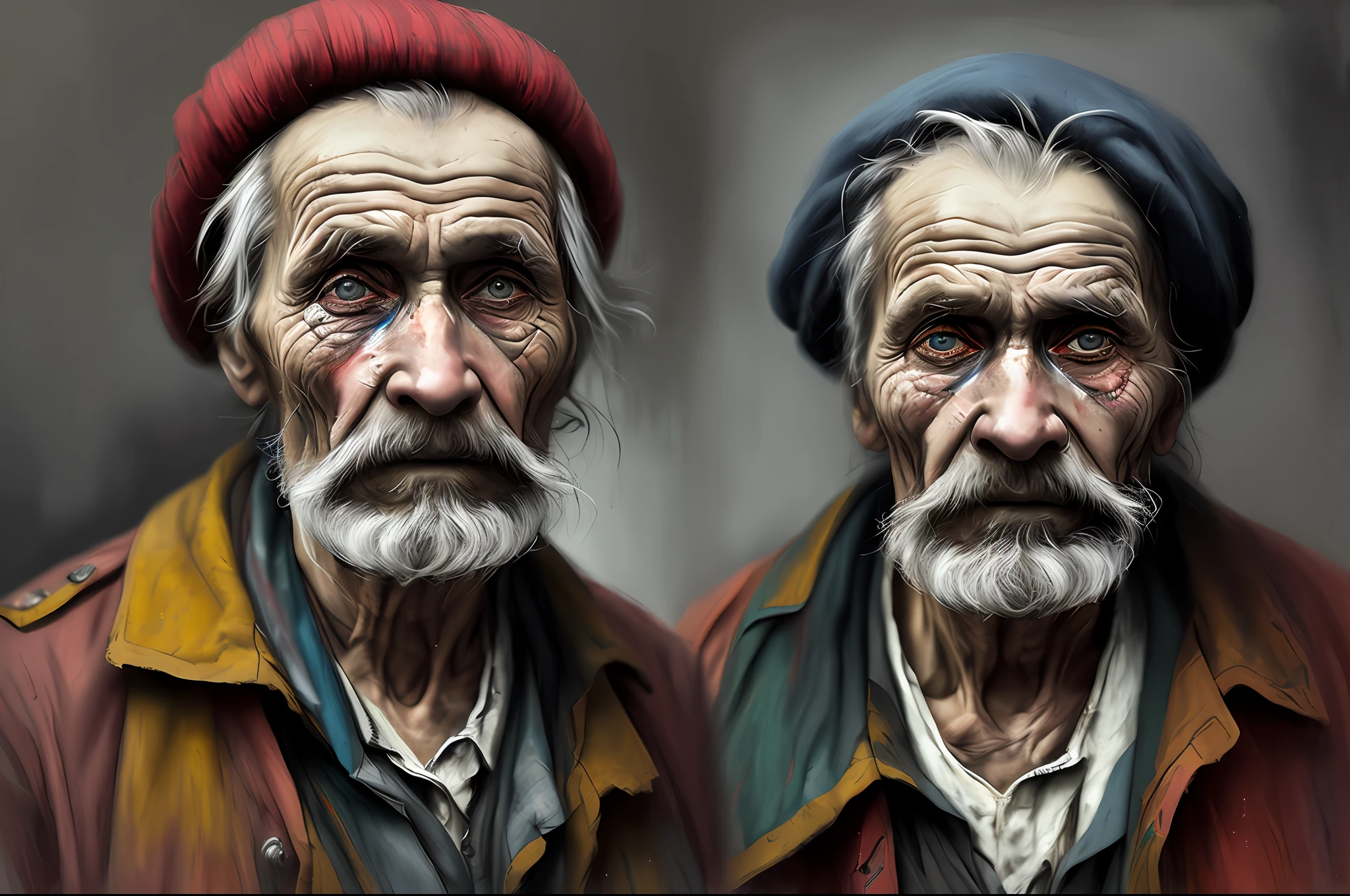 A portrait of poor russian 1800 old worker in rags, ((overwhelming fatigue )), wrinkles of age, concept art, oil pastel painting , moody gray colors , gritty, messy stylestyle of Alexey Savrasov, Ivan Shishkin, Ilya Repin, (cel shaded:1.2), 2d, (oil painting:1.2) highly detailed