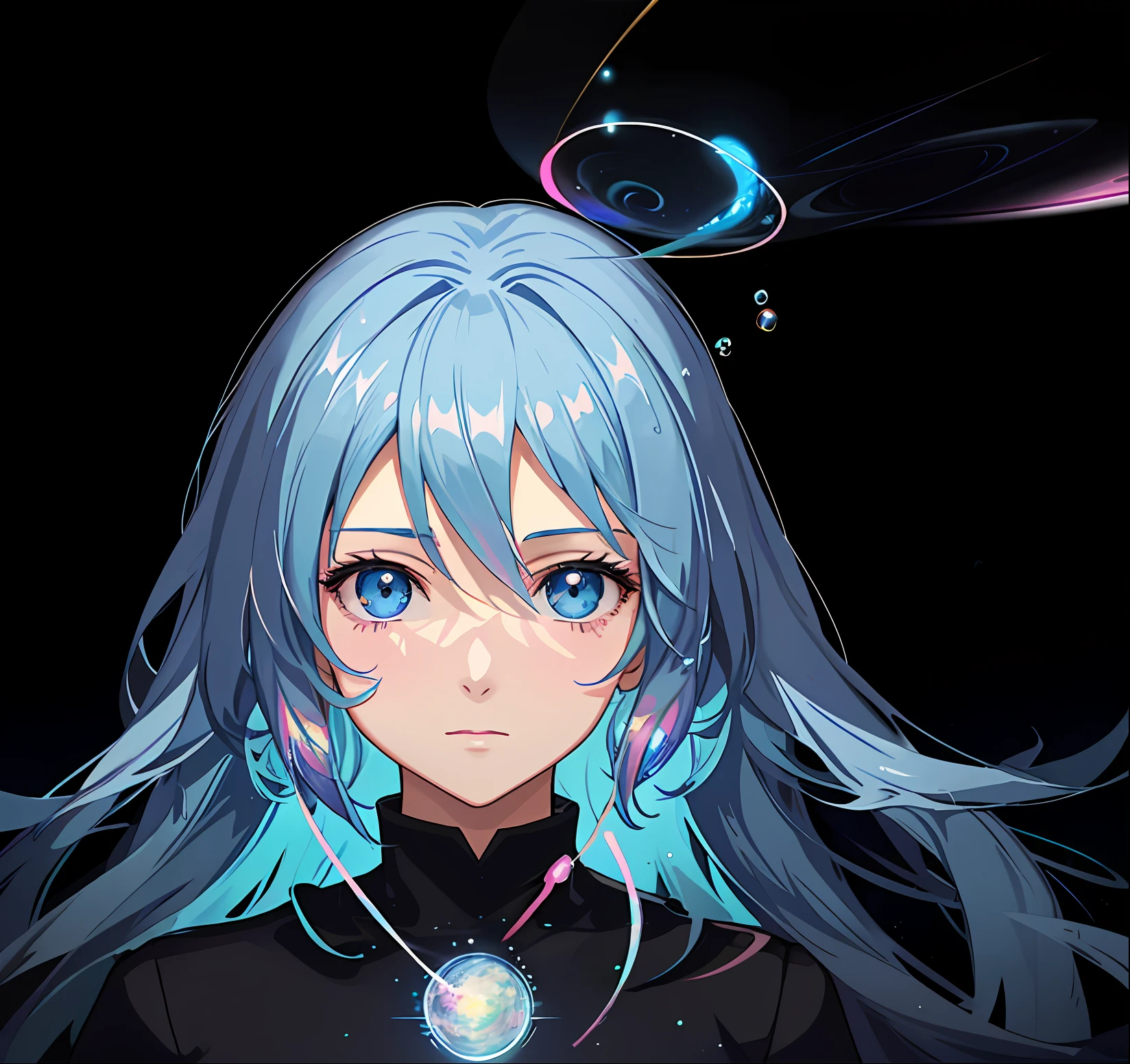There was a woman in a hat,There are a lot of bubbles on it, dreamy psychedelic anime, ufotable art style, anime girl with cosmic hair, beautiful glitch art dream, Guviz-style artwork, glitched fantasy painting, Digital art on Pixiv, colorful flat surreal ethereal, Strange portrait with the Milky Way, in a galaxy