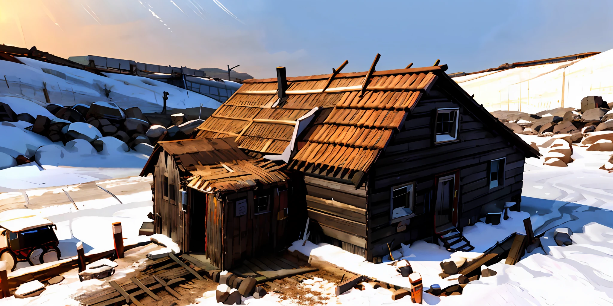 Old wreckage of tiny wooden house in the rocky mountain high background after storm in senimatic graphics output in (3D) super detailed high pixels result.
