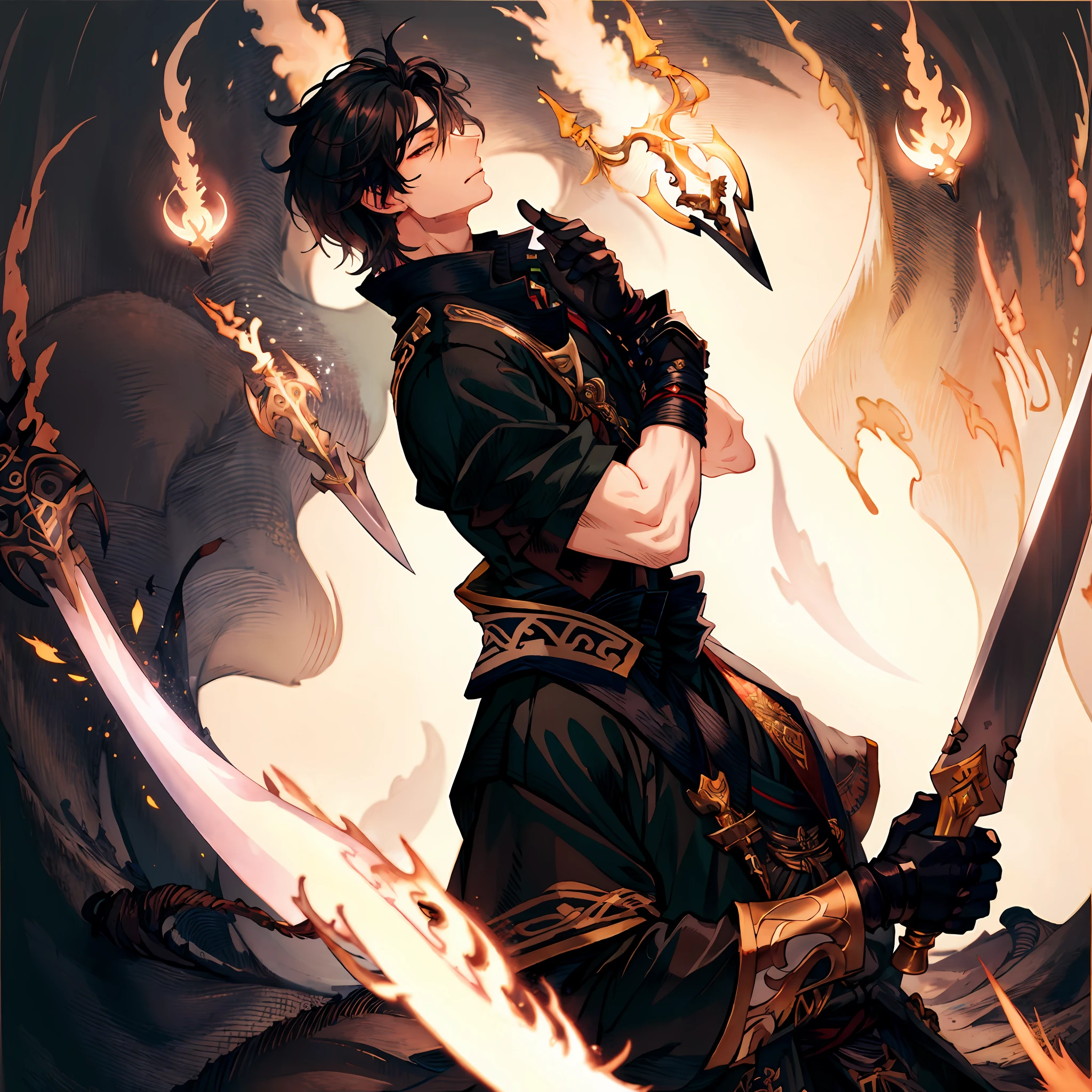 tmasterpiece,best of quality,The virtual image of God ,Black-haired swordsman,Cloth flowing in the air,suns,Northern steppe,SFW,WeChat avatar