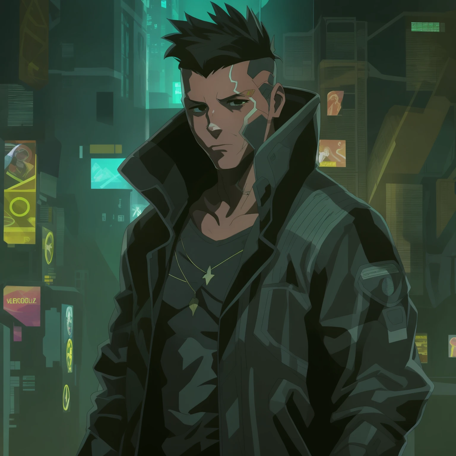 Crie a arte de um personagem humano, jovem, masculino, vestindo camiseta, jaqueta de trincheira longo da cor preta, inspirado no jogo Shadowrun, Cyberpunk Fantasia Negra