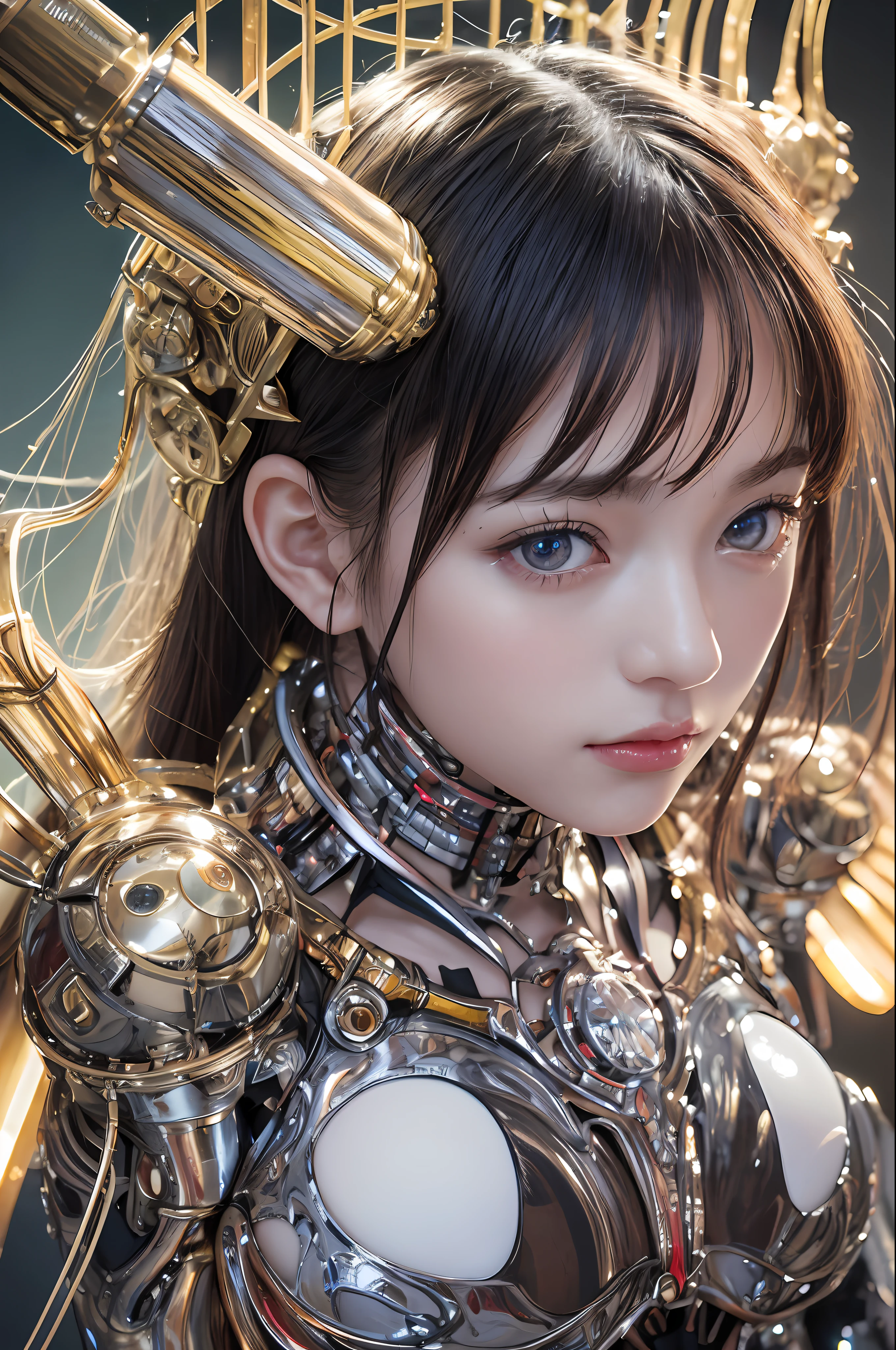 top-quality、masterpiece、超A high resolution、(Photorealsitic:1.4)、Raw photo、Mechanical Angel、large wings made of metal、White Latex Body、女の子1人、Black hair、glowy skin、1 Mechanical Girl、((super realistic details))、portlate、globalillumination、Shadow、octan render、8K、ultrasharp、character edge light,Colossal tits、Raw skin is exposed in cleavage、Details of complex ornaments、Hydraulic cylinder、highly intricate detail、Realistic light、a purple eye、radiant eyes、Facing the camera、neon details、Mechanical limbs、blood vessels connected to tubes、Mechanical vertebrae attached to the back、mechanical cervical attaching to neck、sitting on、Wires and cables connecting to the head、Sumerian details、Small LED lamp、