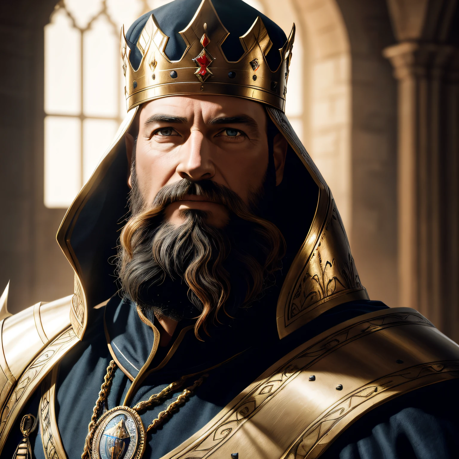 best quality, 500px, cgsociety, 8k, raw photo of (beautiful:1.2) human king, wear king crown, king armor, 40yo, beard, in castle, only face ambient light, backlight, volumetric lighting, realistic, realistic lighting, cinematic lighting, depth of field, sharp focus, (high contrast:1.2), (film grain) --auto