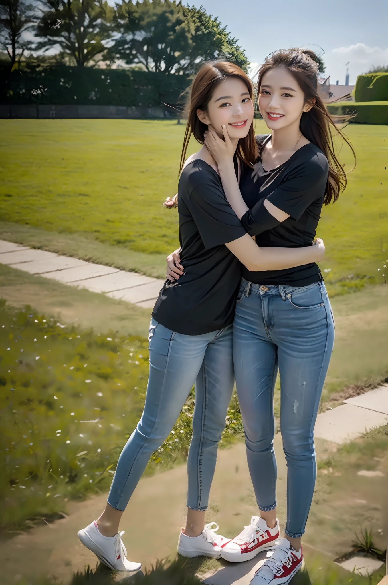 (RAW photogr,超高分辨率,tmasterpiece,best qualtiy:1.4),Complicated details,2 20 year old Korean girl,Wear a loose black T-shirt and skinny jeans,Stand on the grass and take pictures,hugs,Intimate relationships,Detailed meadow,A sweet smile on a small face,The face and skin are pink and fair,Ultra-realistic facial details,Playful and coquettish pose,The calves are straight and slender:1.5,Wear high-end branded colorful travel shoes:1.5,eventide,warm color,Broad lighting,naturalshadow,taking a full body photo:1.8