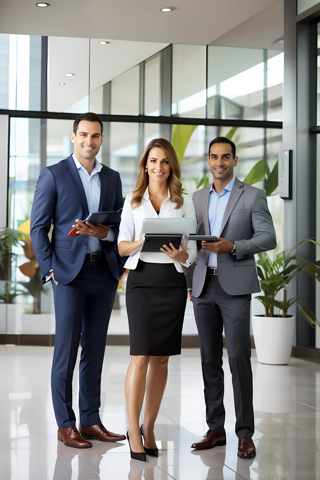 Three businessmen standing in a lobby with a tablet, corporate business, estilo corporativo, vibe comercial profissional, imagem profissional, office clothes, retrato corporativo profissional, foto de perfil profissional, Business Clothes, foto de retrato, Pessoas no Trabalho, arte profissional, Diferente, Colegas, retrato de corpo inteiro de um grupo, foto corporativa, Retrato Corporativo, profissional