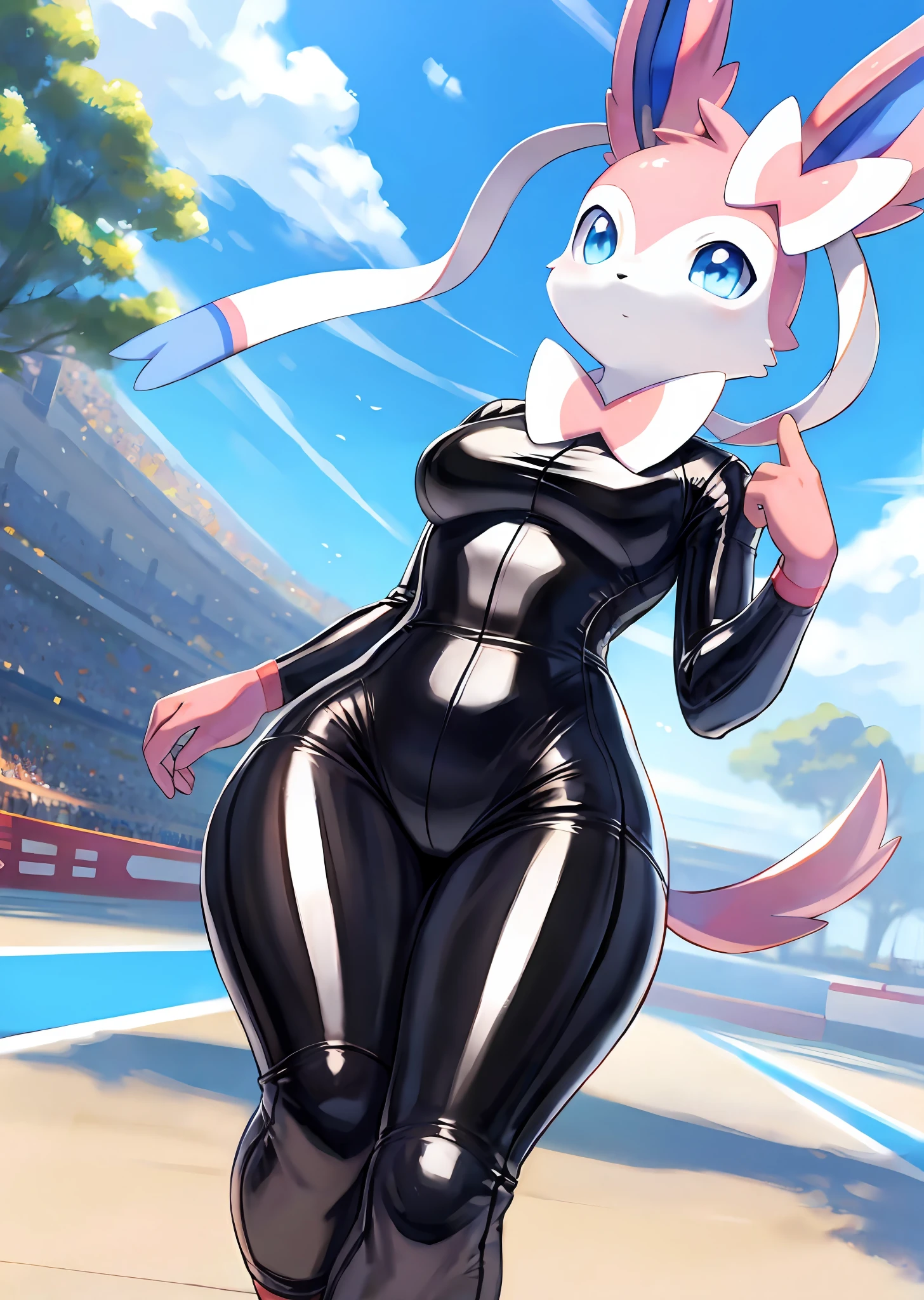 (Masterpiece, Best Quality, Highres:1.4), (anthro) Detailed, Intricate Details, 4K, 1girl, (Pokémon), (Sylveon), (pink-white fur), (furry) extremely detailed fur, blue eyes, latex bodysuit racing suit sporty, racing polygon background, best quality, (2 ears), good anatomy, curvy body,looking at the viewer, holding racing helmet, race on the background