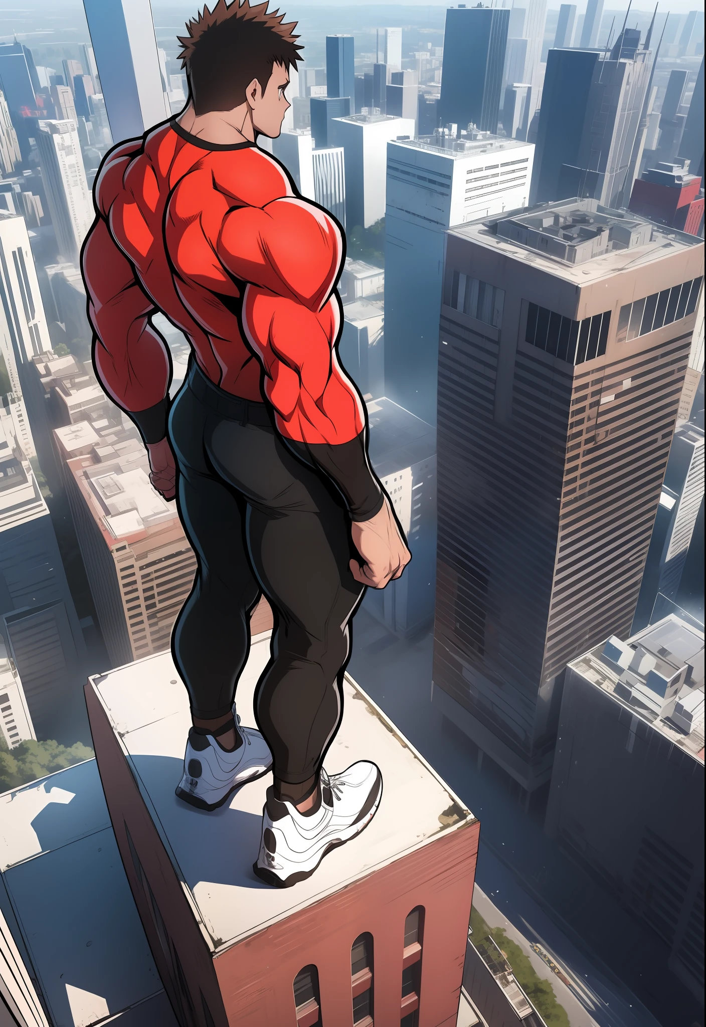 Generate anime-style artwork with a high-angle shot of a muscular male character with his back facing the camera, THE CHARACTER IS ON TOP OF A TALL BUILDING, O protagonista deve possuir um corpo extremamente musculoso, semelhante ao de um fisiculturista. Vista de cima para baixo, from above the angle, o personagem deve ter cabelos curtos marrom escuros e estar vestido com uma camiseta vermelha, black pants and white Jordan sneakers. A imagem deve retratar o corpo inteiro do personagem, with the focus on his intimidating posture behind. The protagonist must exude strength and dominance, displaying a powerful presence. A cena deve apresentar apenas o personagem musculoso, THE CHARACTER MUST BE ON TOP OF A BUILDING SHOWING A LARGE CITY BELOW HIM