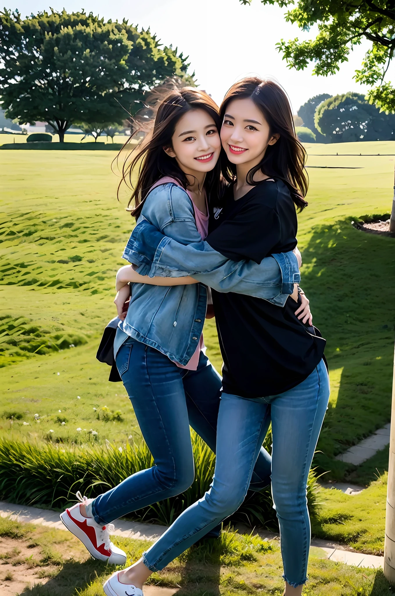 （RAW photogr，超高分辨率，tmasterpiece，best qualtiy：1.4），Complicated details，2 20 year old Korean girl，Wear a loose black T-shirt and skinny jeans，Stand on the grass and take pictures，hugs，Intimate relationships，Detailed meadow，A sweet smile on a small face，The face and skin are pink and fair，Ultra-realistic facial details，Playful and coquettish pose，The calves are straight and slender:1.5，Wear high-end branded colorful travel shoes:1.5，eventide，warm color，Broad lighting，naturalshadow，taking a full body photo:1.8