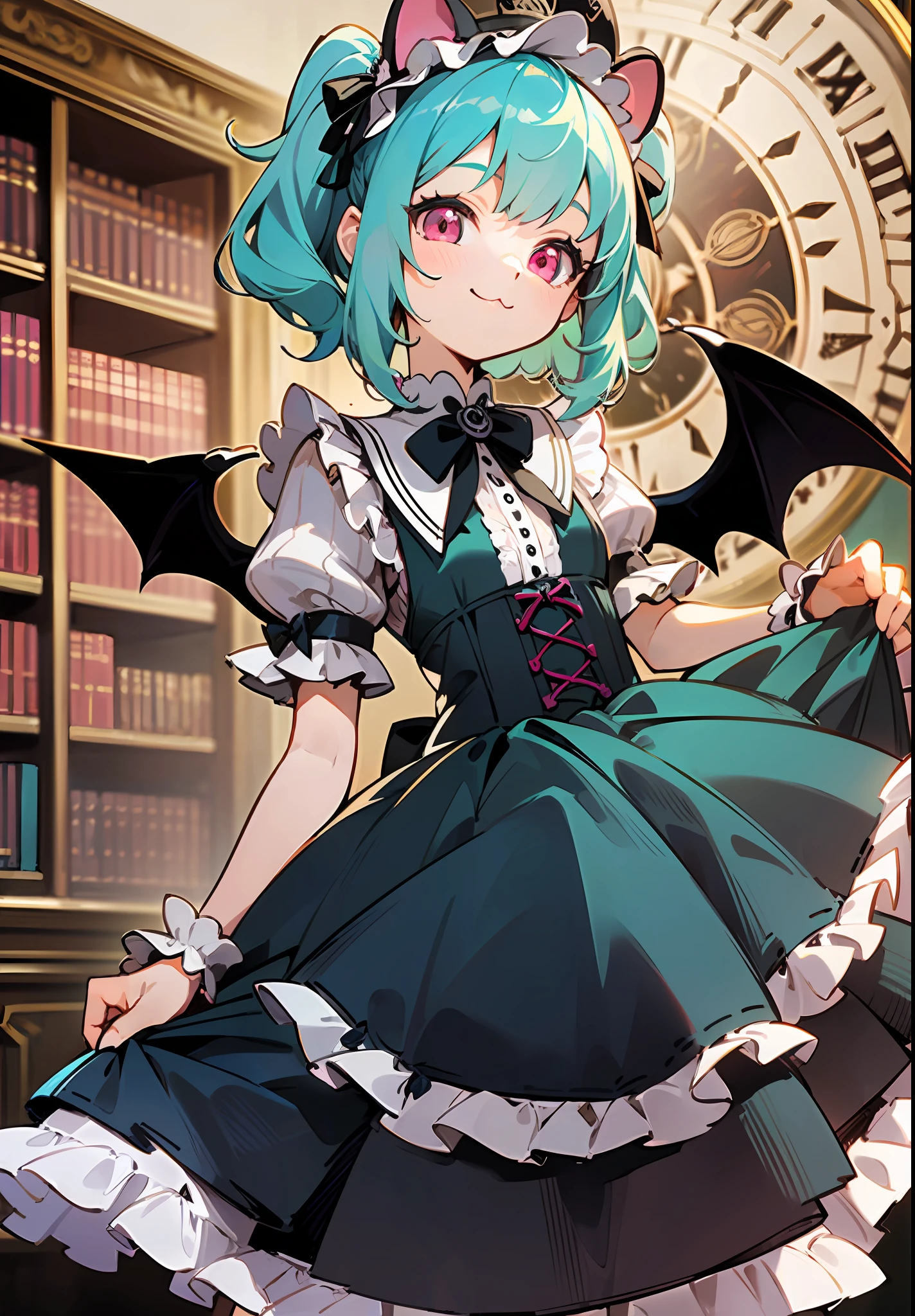 ((Dynamic Angle)), ((li)), (ch (独奏), (canny smile), (turquoise hair), (ponytails), (pink eyes), (bat wings on the head), (Gothic dress), (Lolita Dress), (vintage dress), (Black Dress), (frilld), (beige frill;;;), (Bows), (Vertical stripes), ((Clock face in the background)), (library)