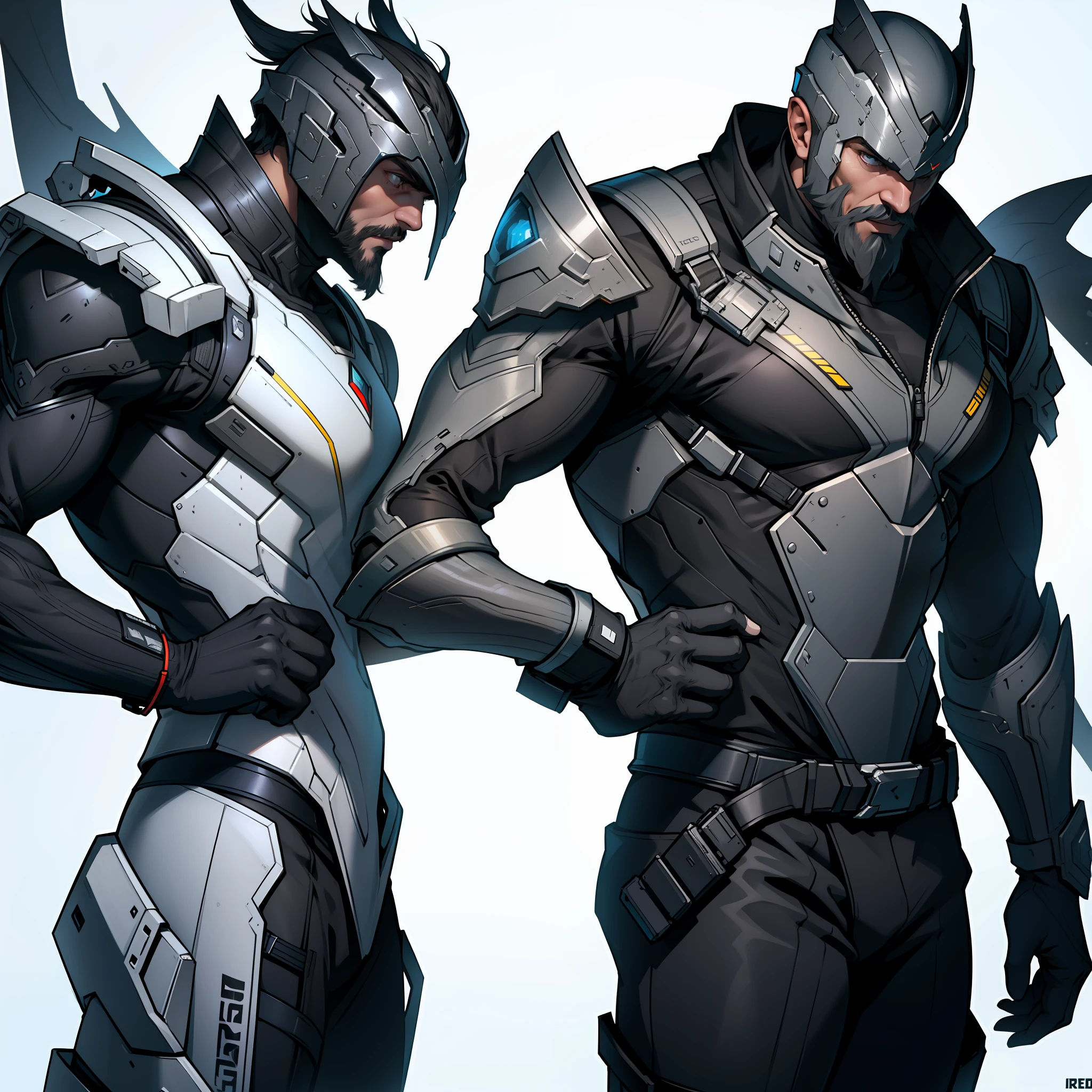 Model shot of middle-aged blackbearded Viking,Sci-fi Warframe,Fighting posture,with a pure white background,highly detailed,full bodyesbian