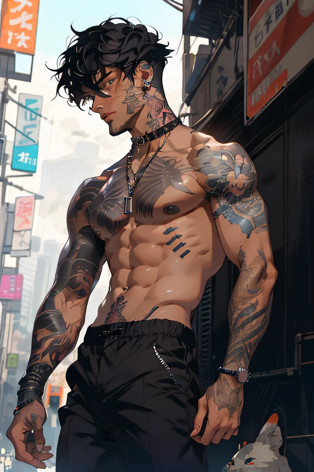 realisticlying，（tmasterpiece，top Quority，best qualtiy，offcial art），The is very detailed，Colorful，Most detailed，Kamimei，short detailed hair，Black color hair，Handsome man，cyber punk perssonage，black long pants，choker necklace，，chest muscle，Abs，，Tattooed with